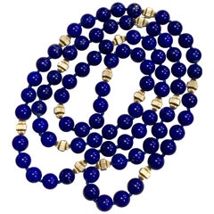 Vintage Lapis Lazuli Single Long Strand Necklace with 14 Karat Yellow Gold Bead