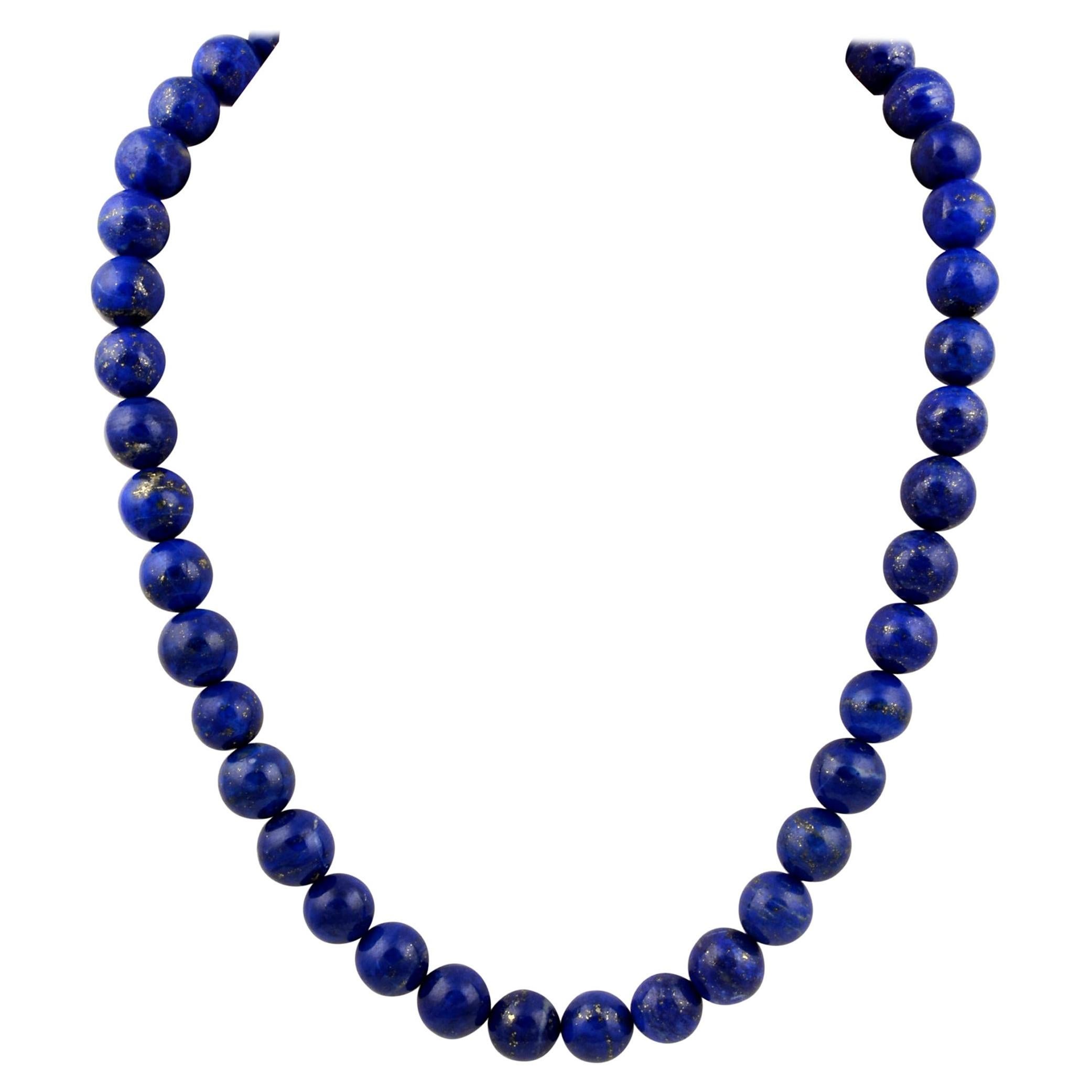 Vintage Lapis Lazuli Single Strand Necklace with 14 Karat Yellow Gold Lobster For Sale