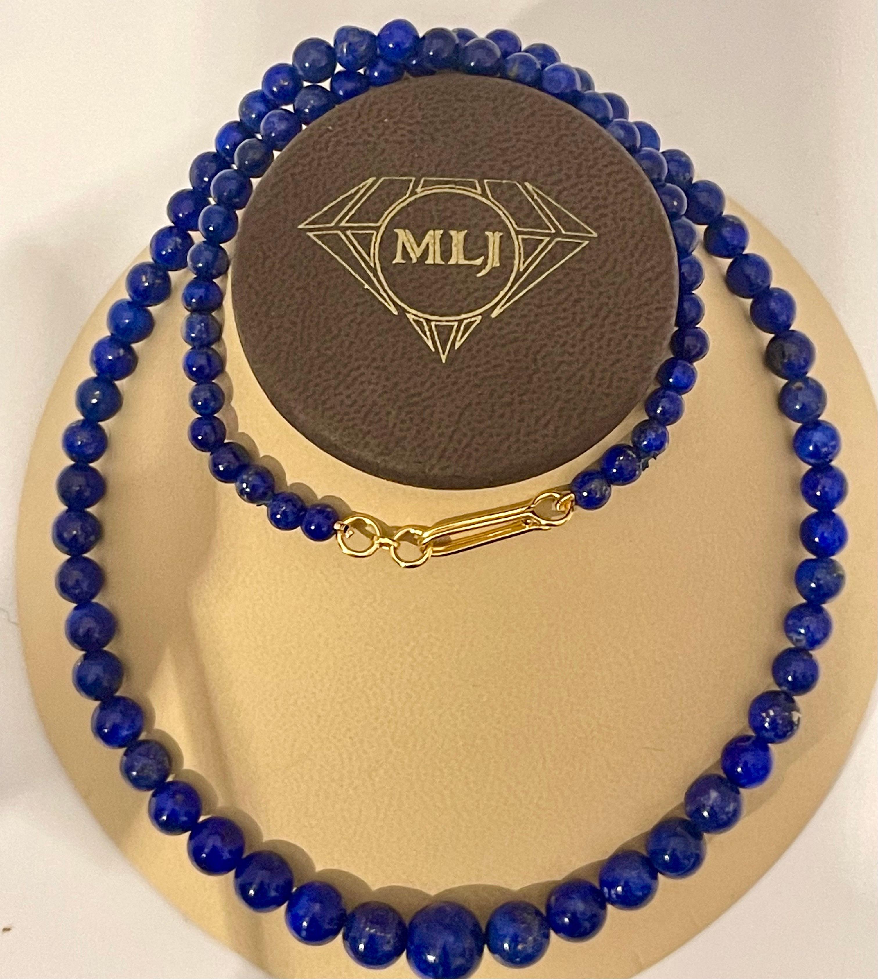 Women's Vintage Lapis Lazuli Single Strand Necklace with 14 Karat Yellow Long Hook Clasp For Sale