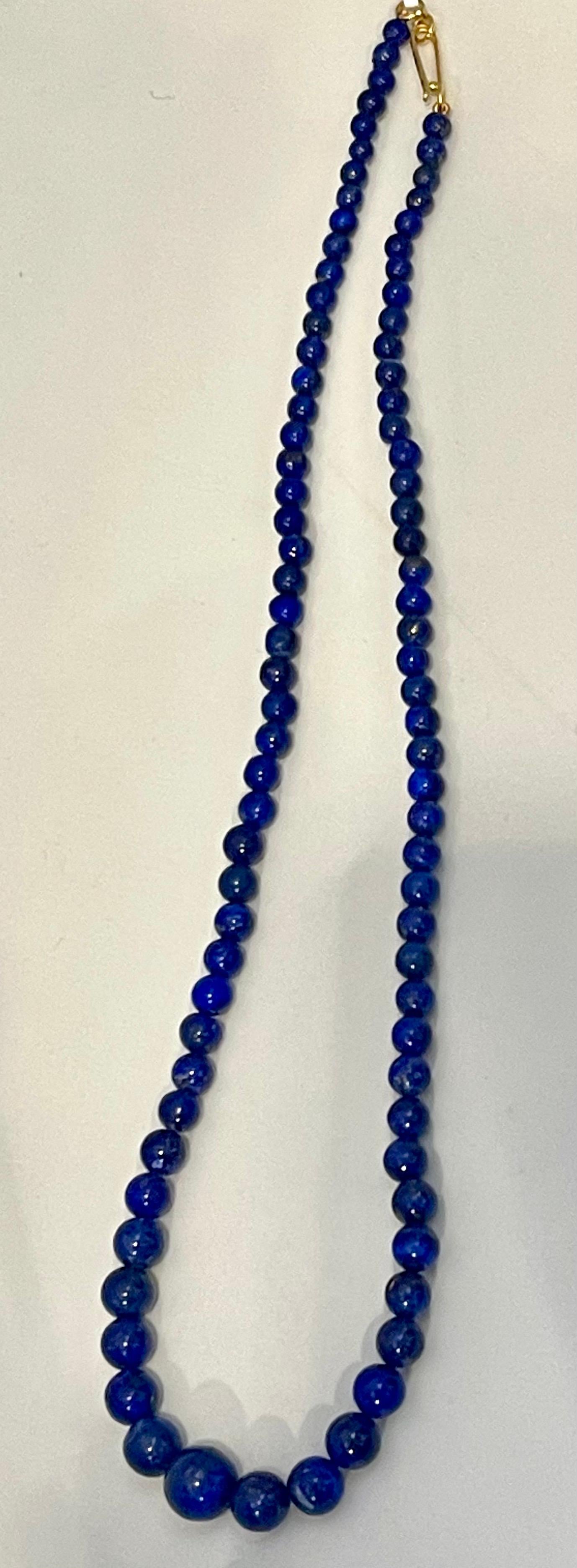 Vintage Lapis Lazuli Single Strand Necklace with 14 Karat Yellow Long Hook Clasp For Sale 5