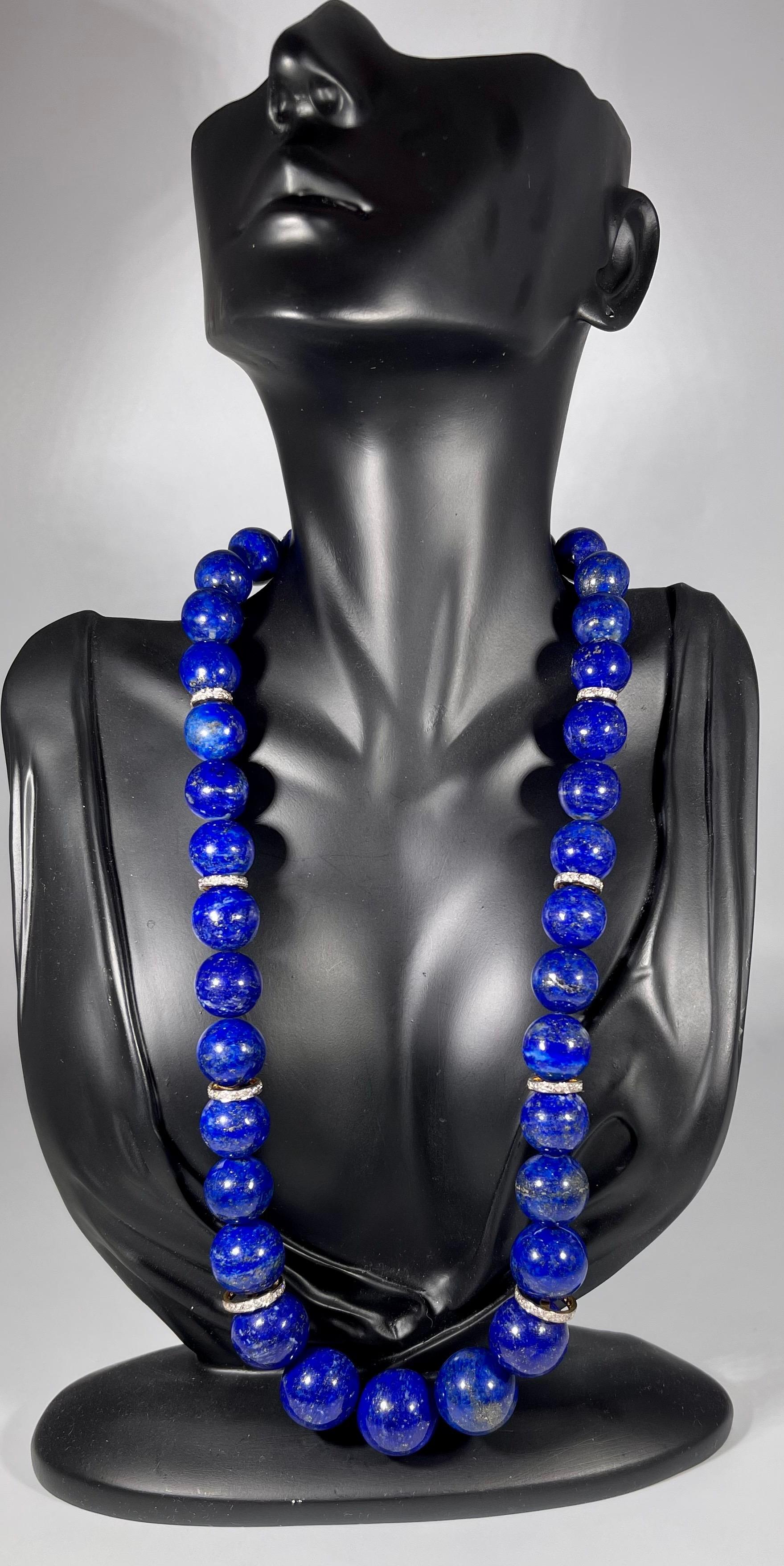 Round Cut Vintage Lapis Lazuli Single Strand Necklace with Diamond & 14 Karat Yellow Gold