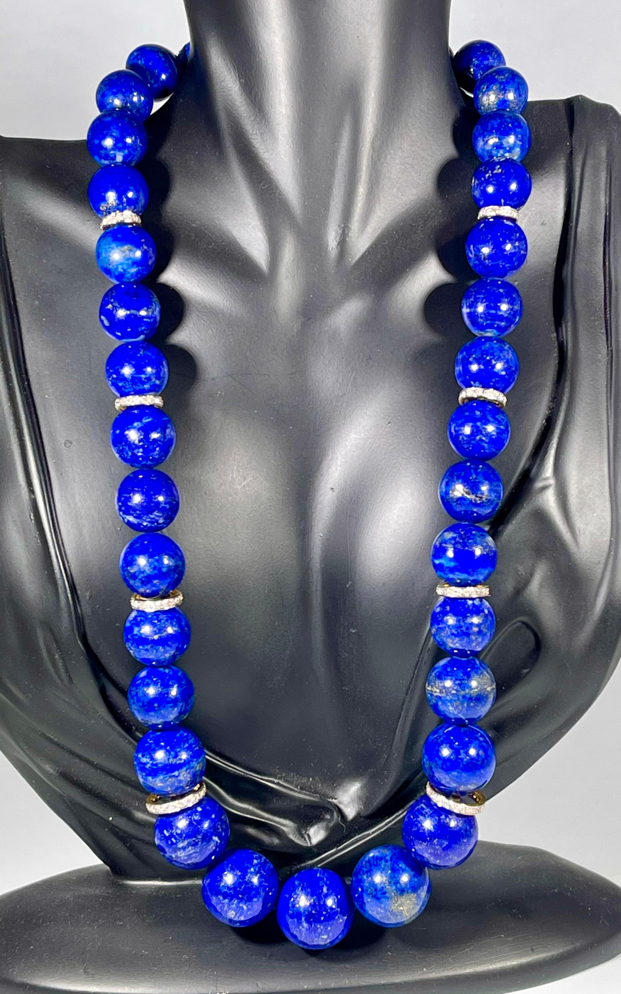 Vintage Lapis Lazuli Single Strand Necklace with Diamond & 14 Karat Yellow Gold 1