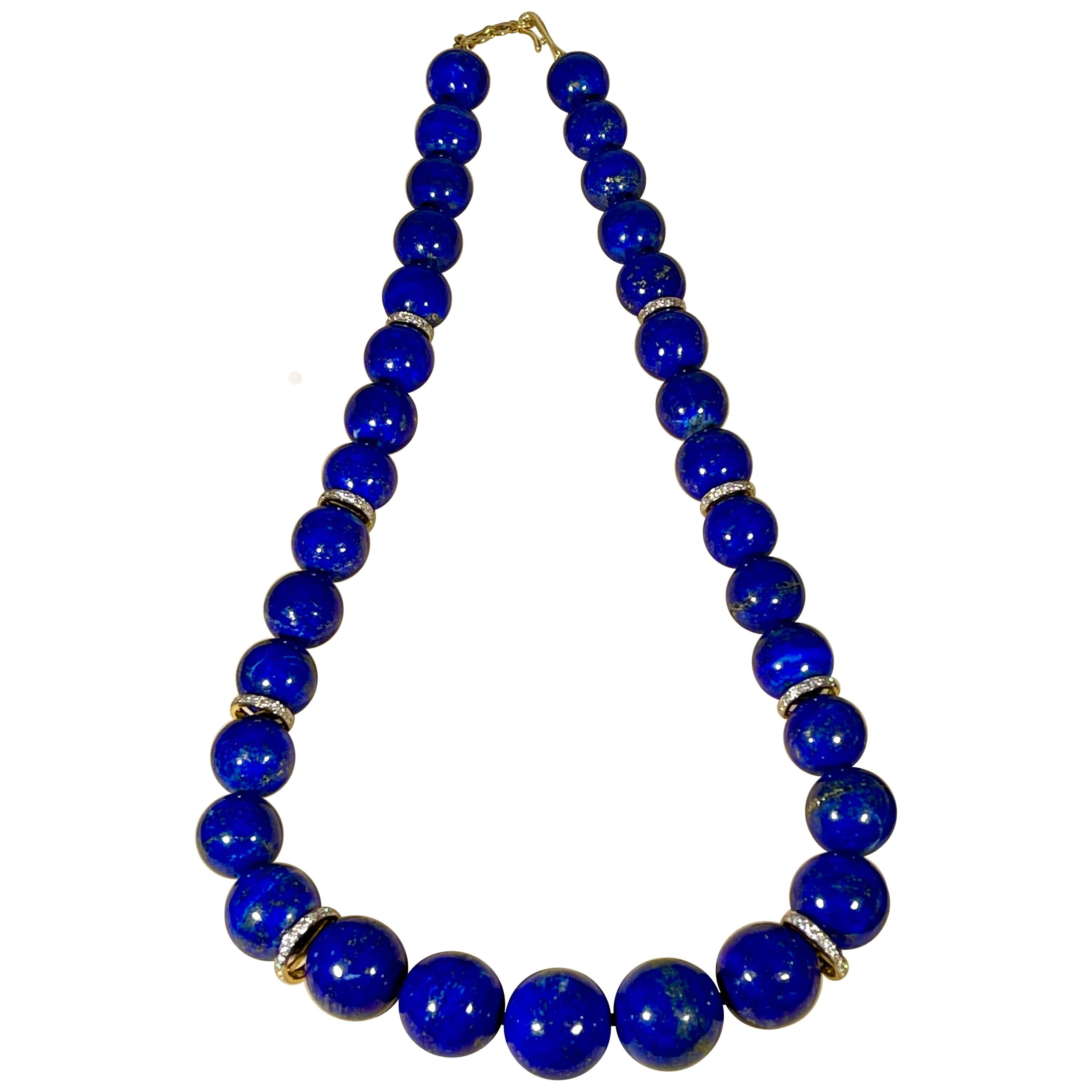 Vintage Lapis Lazuli Single Strand Necklace with Diamond & 14 Karat Yellow Gold
