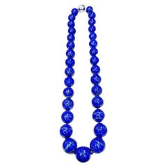 Vintage Lapis Lazuli Single Strand Necklace with  Diamond Clasp 14 Kt White Gold