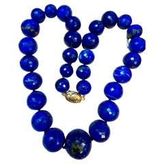 Vintage Lapis Lazuli Single Strand Necklace Yellow Gold 14K Clasp With Diamond