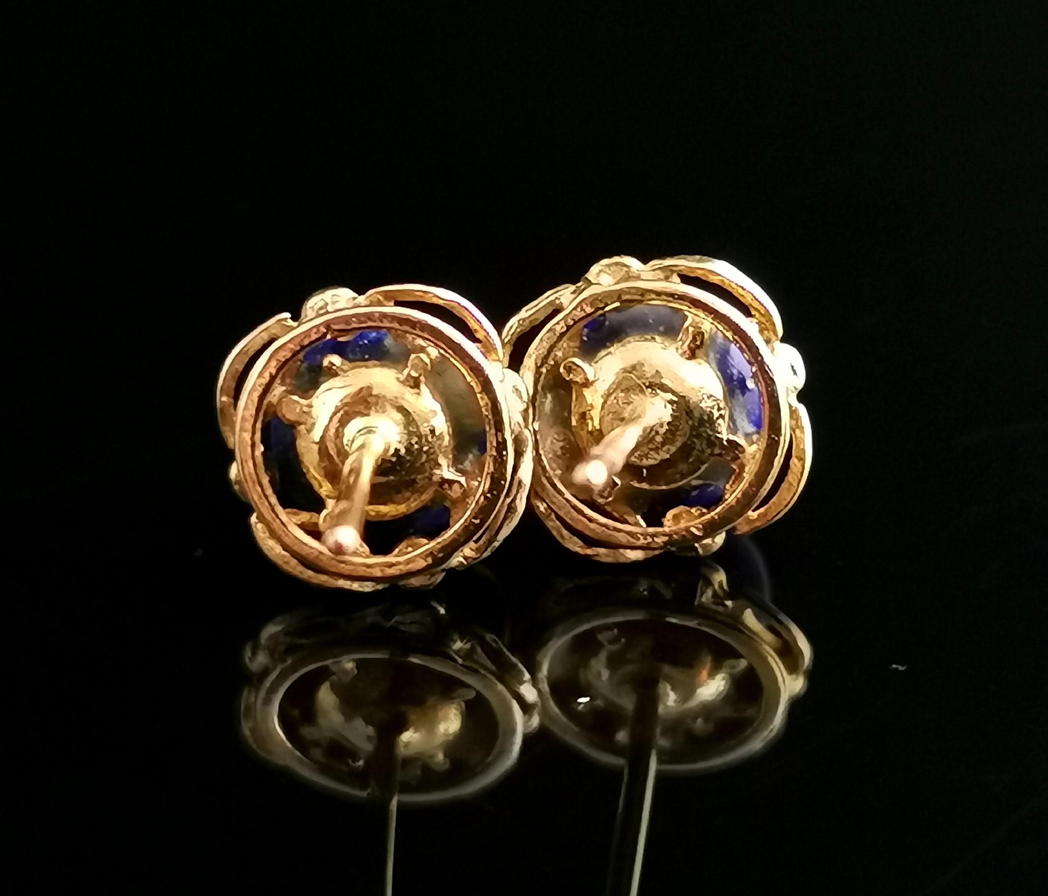 Cabochon Vintage Lapis Lazuli Stud Earrings, 9 Karat Yellow Gold 