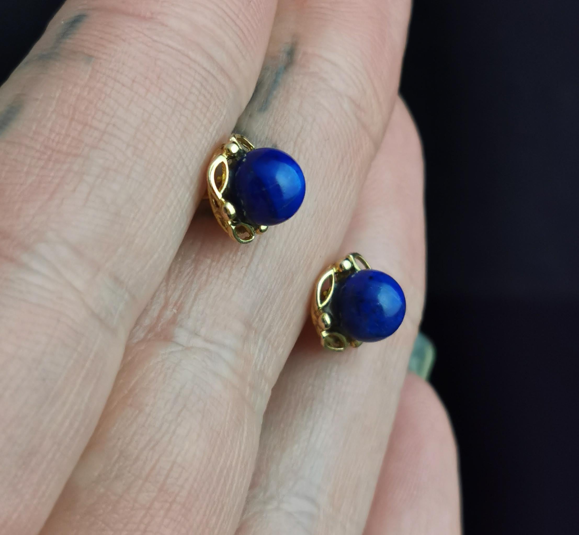 Vintage Lapis Lazuli Stud Earrings, 9 Karat Yellow Gold  1