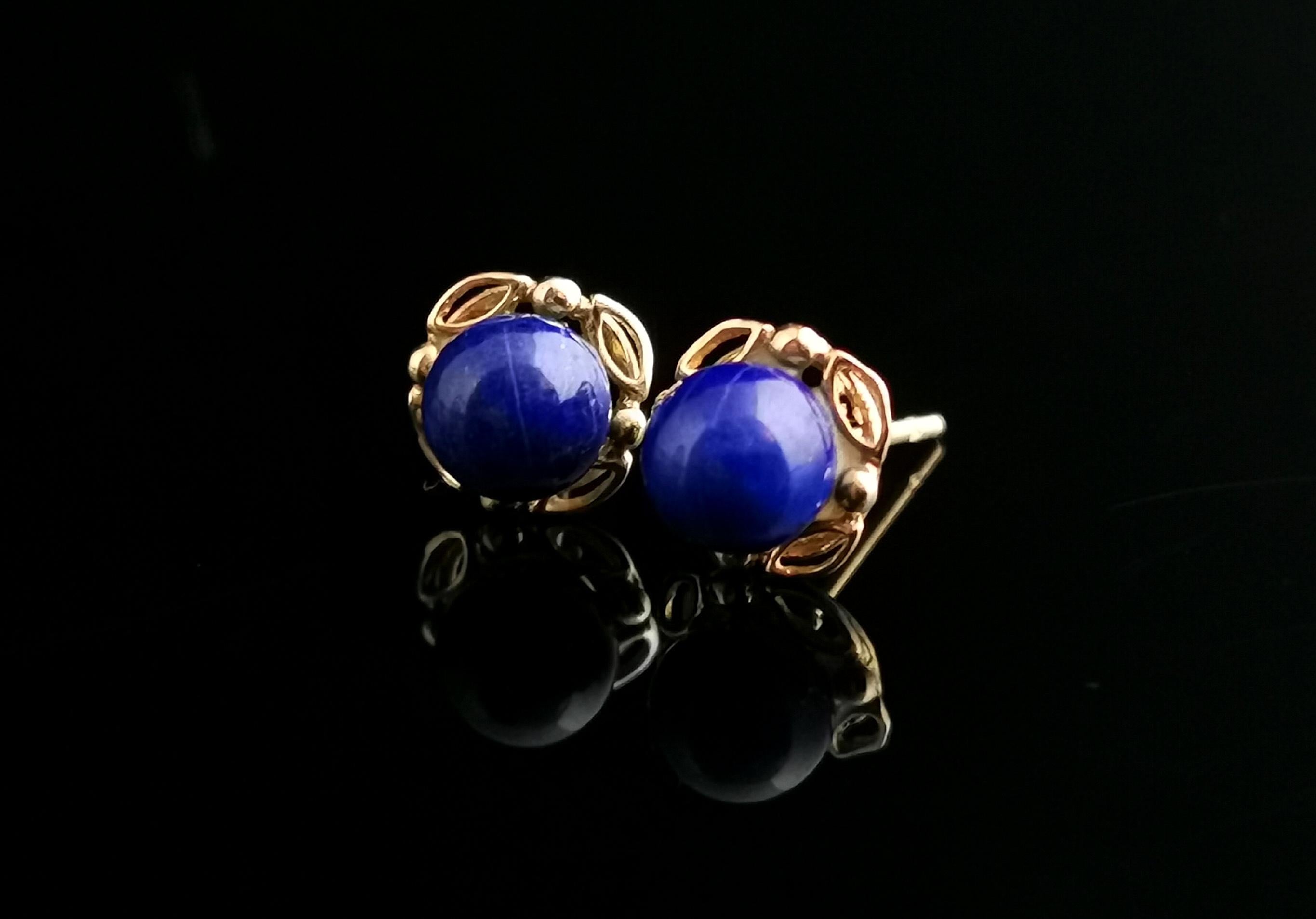 Vintage Lapis Lazuli Stud Earrings, 9 Karat Yellow Gold  2