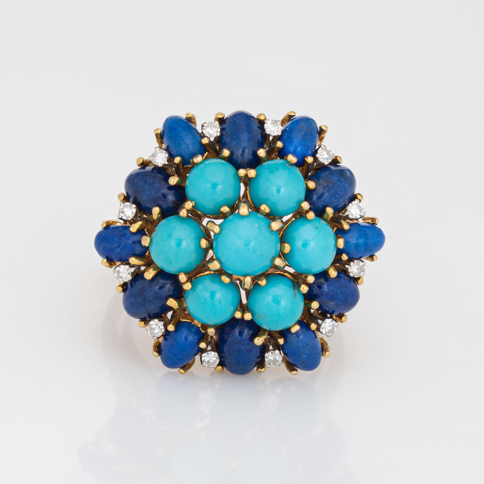 Stylish vintage lapis lazuli, turquoise & diamond ring (circa 1960s to 1970s) crafted in 18 karat yellow gold. 

7 cabochon cut pieces of turquoise measure 4.5mm to 5mm each (3.50 carats total estimated weight), accented 12 pieces of oval cut lapis