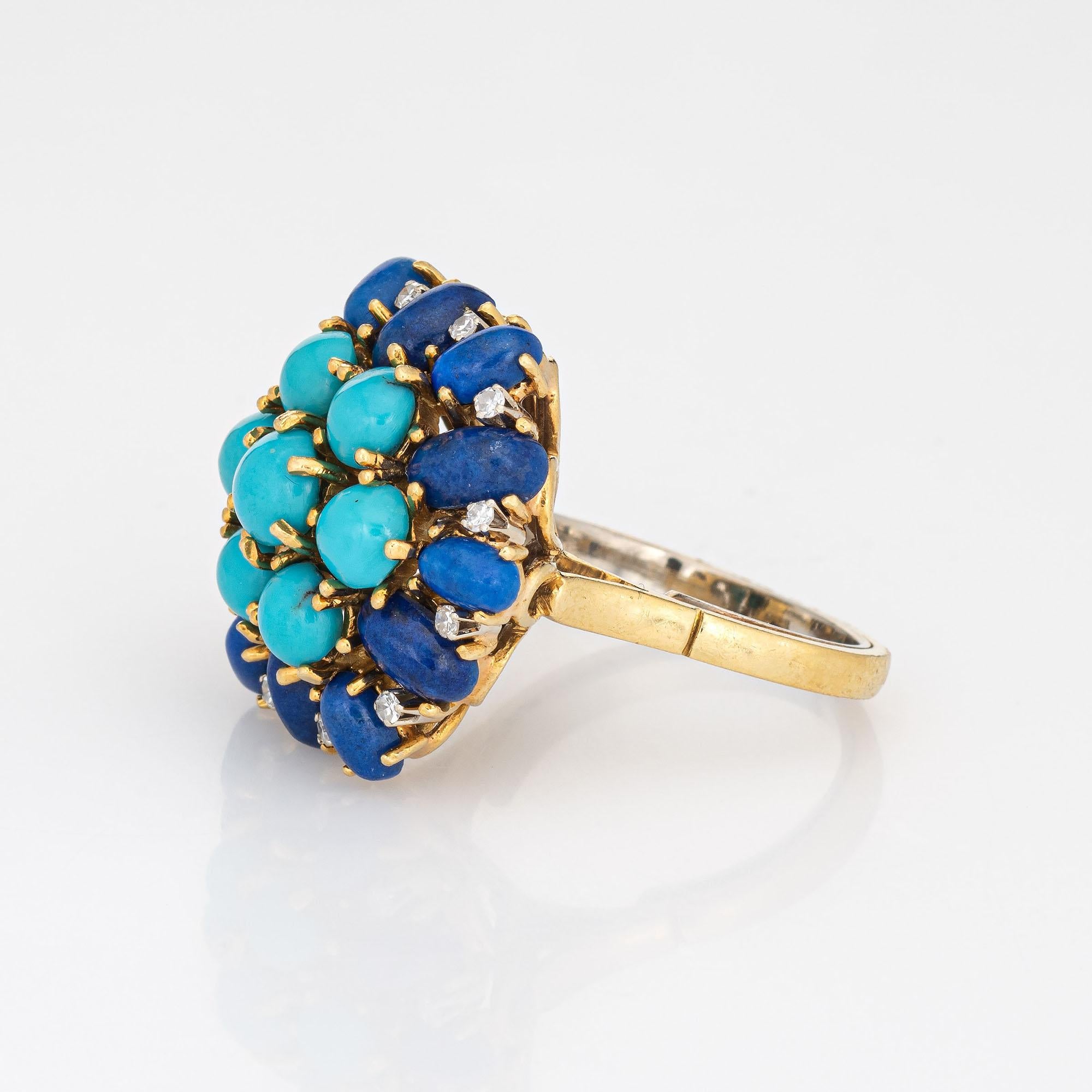 Modern Vintage Lapis Lazuli Turquoise Ring Diamond 18k Yellow Gold Cluster Jewelry