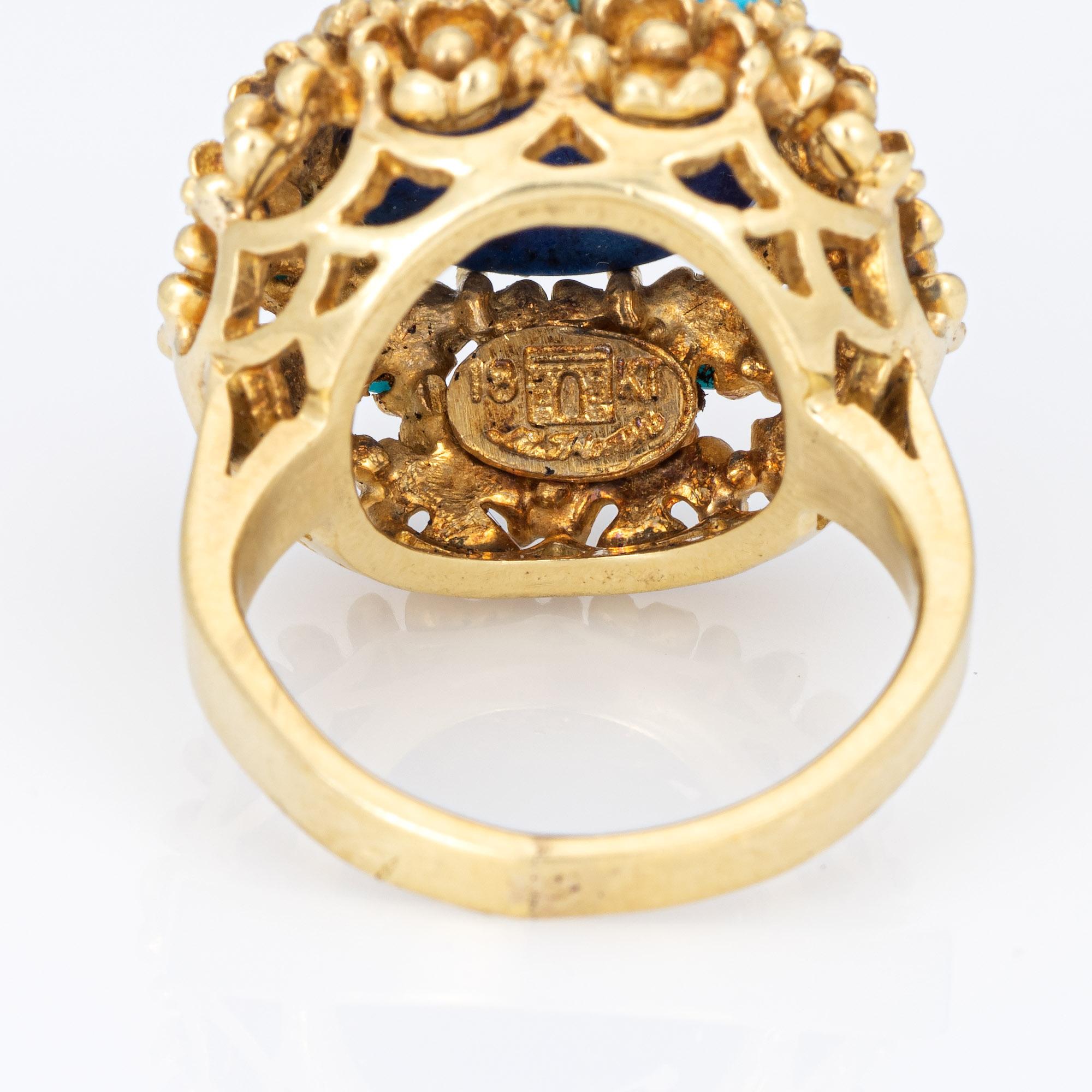 Cabochon Vintage Lapis Lazuli Turquoise Ring La Triomphe 18k Yellow Gold Flower Jewelry