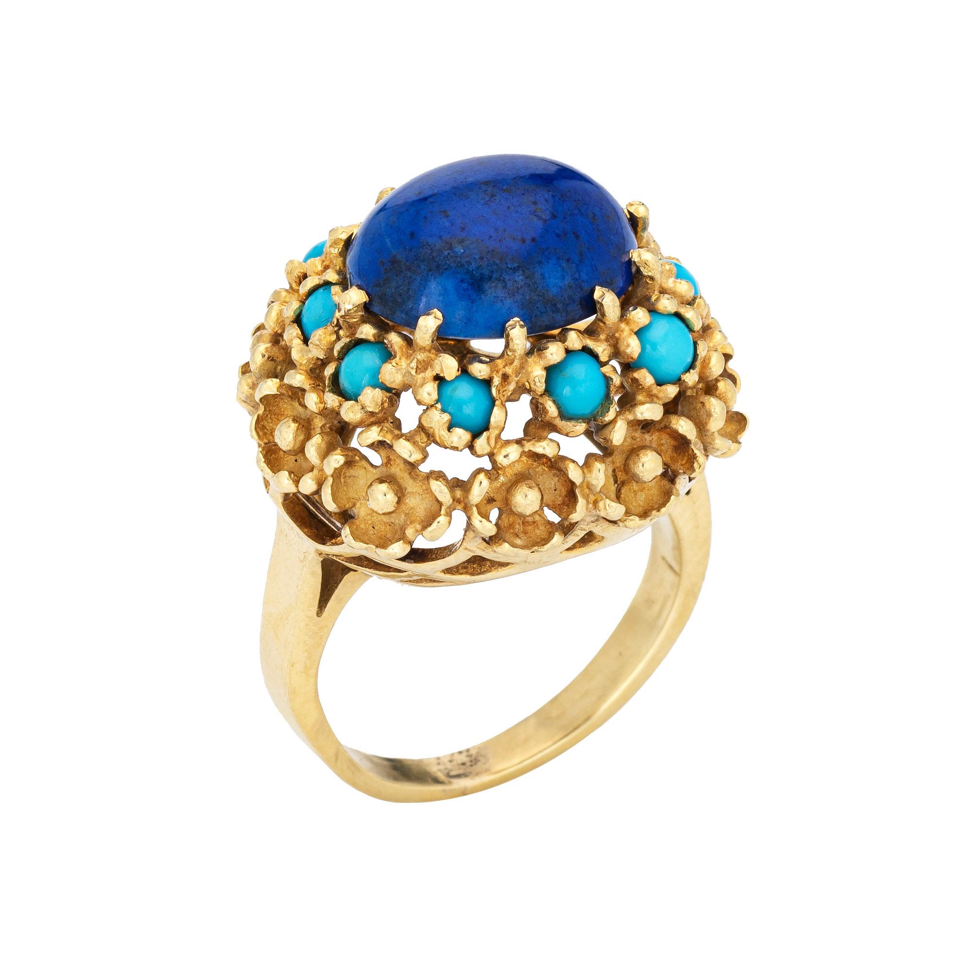 Vintage Lapis Lazuli Turquoise Ring La Triomphe 18k Yellow Gold Flower Jewelry
