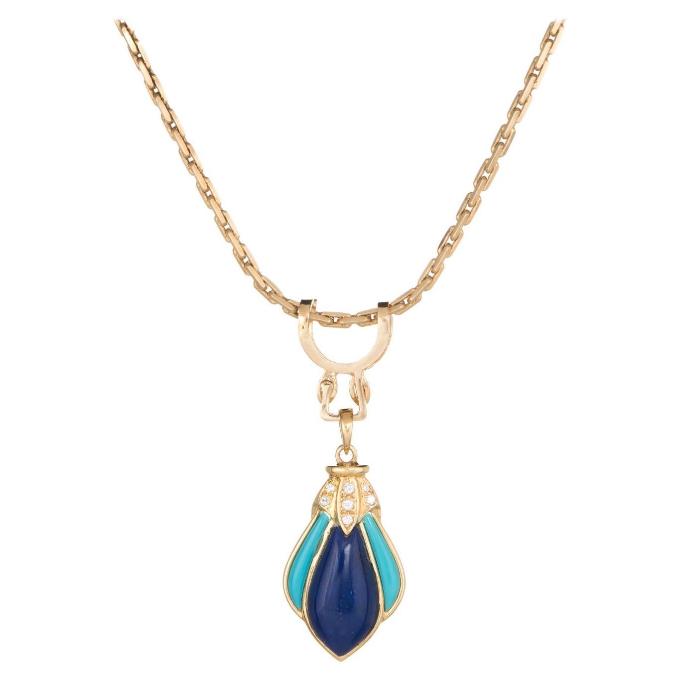 Vintage Lapis Turquoise Diamond Pendant Necklace 14k Yellow Gold Estate Jewelry