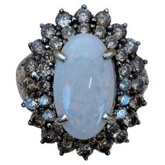 Vintage Large 13.5 Carat Opal and Diamond Double Halo Ring in 18K White Gold