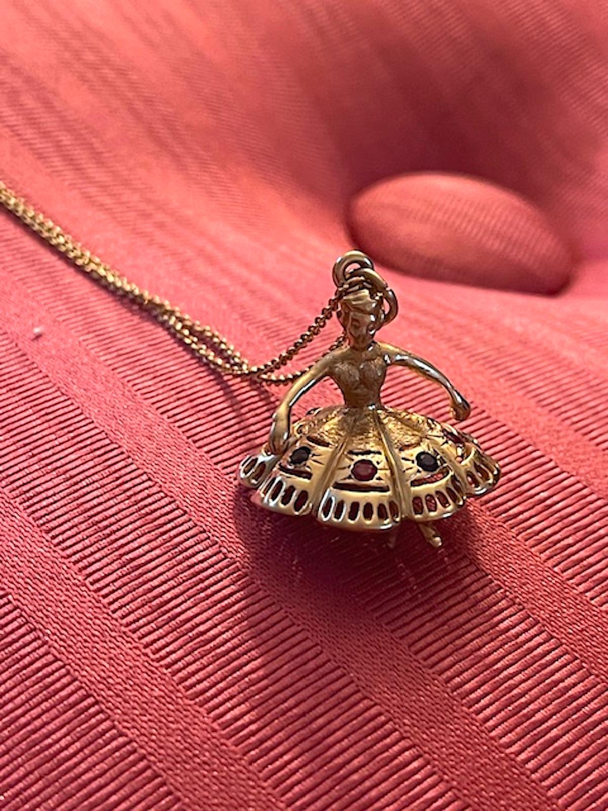 Vintage Large 14k Gold Dancer Charm with Pink and Blue Sapphires In Excellent Condition For Sale In New York, NY