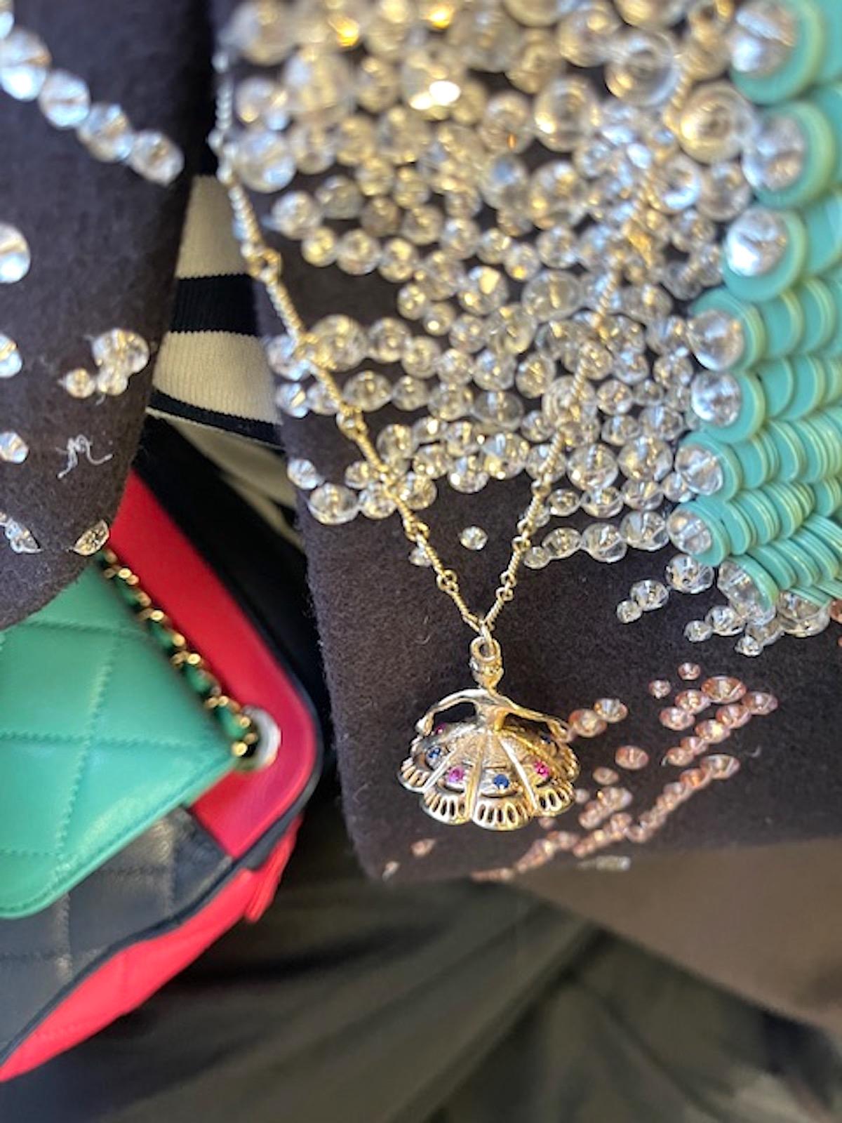 Vintage Large 14k Gold Dancer Charm with Pink and Blue Sapphires For Sale 1