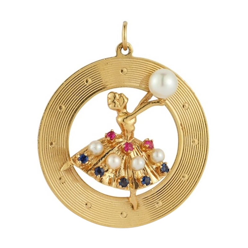 Charme grande d'oro 14k con perle e zaffiri, Ballerina d'oro d'annata