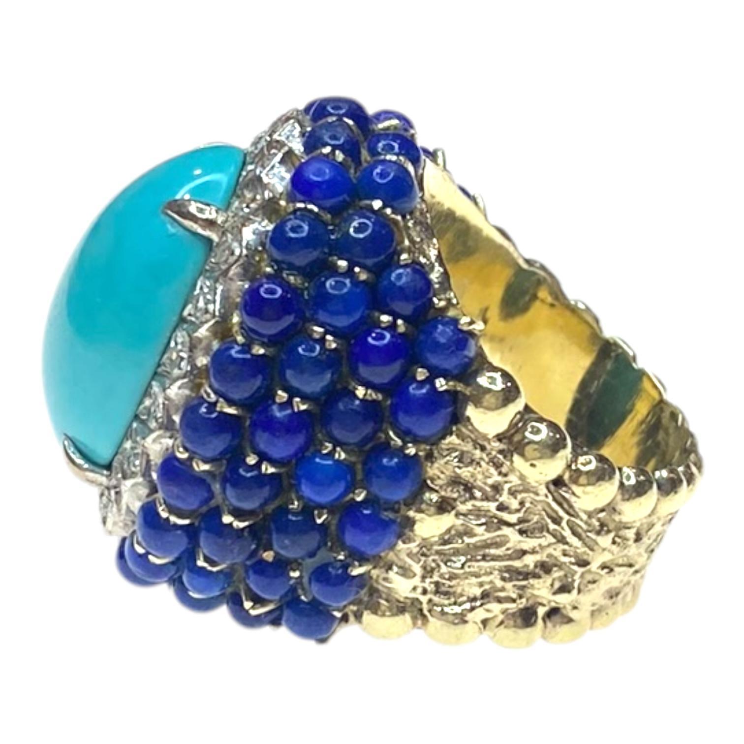 Contemporary Vintage Large 14K Turquoise Lapis Lazuli & Diamond Ring