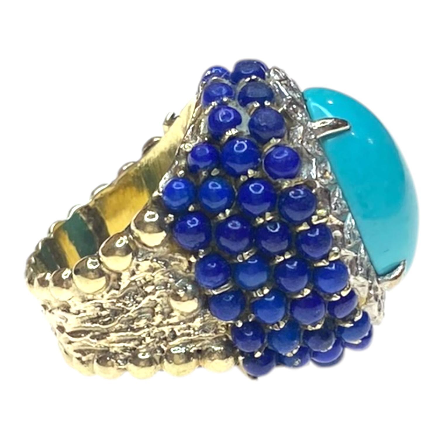 Vintage Large 14K Turquoise Lapis Lazuli & Diamond Ring In Good Condition In Henderson, NV