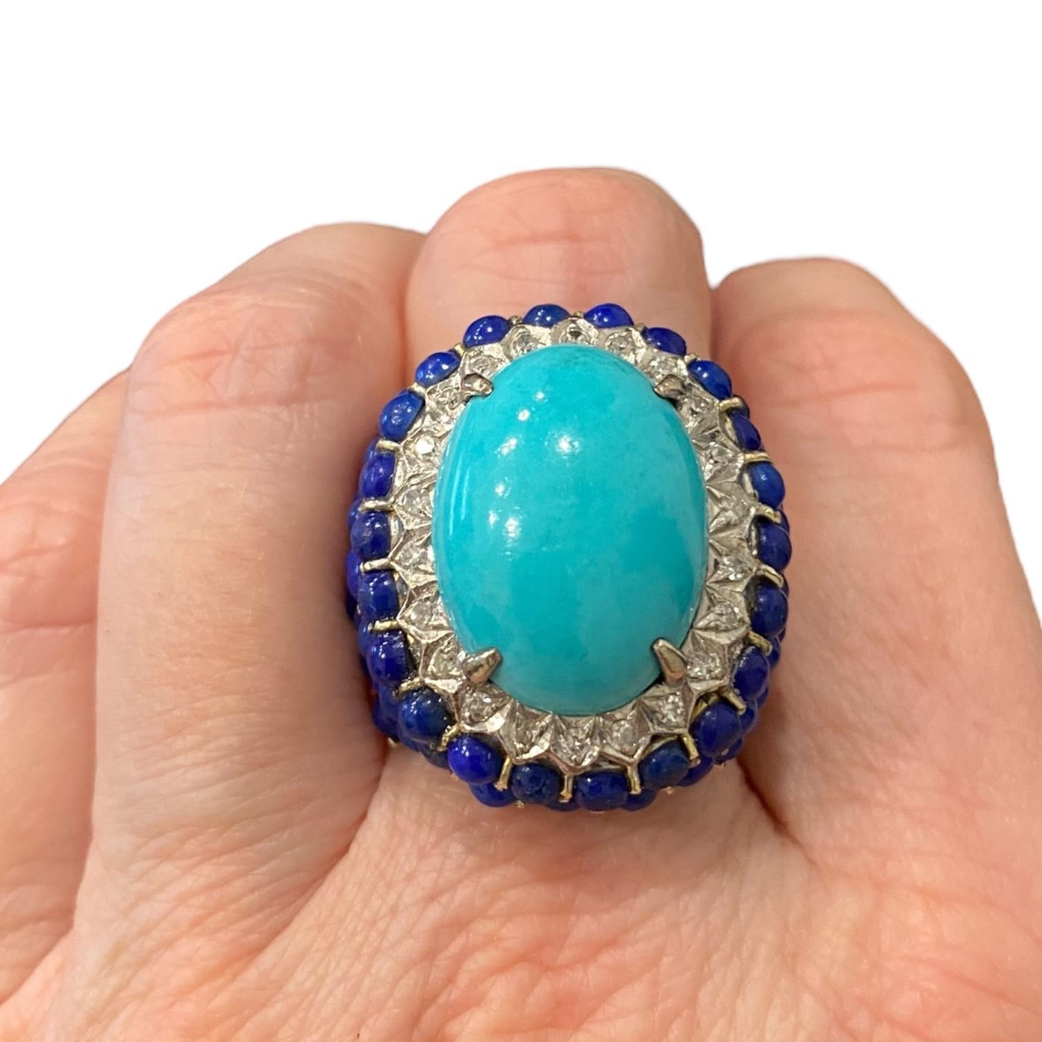 Women's Vintage Large 14K Turquoise Lapis Lazuli & Diamond Ring