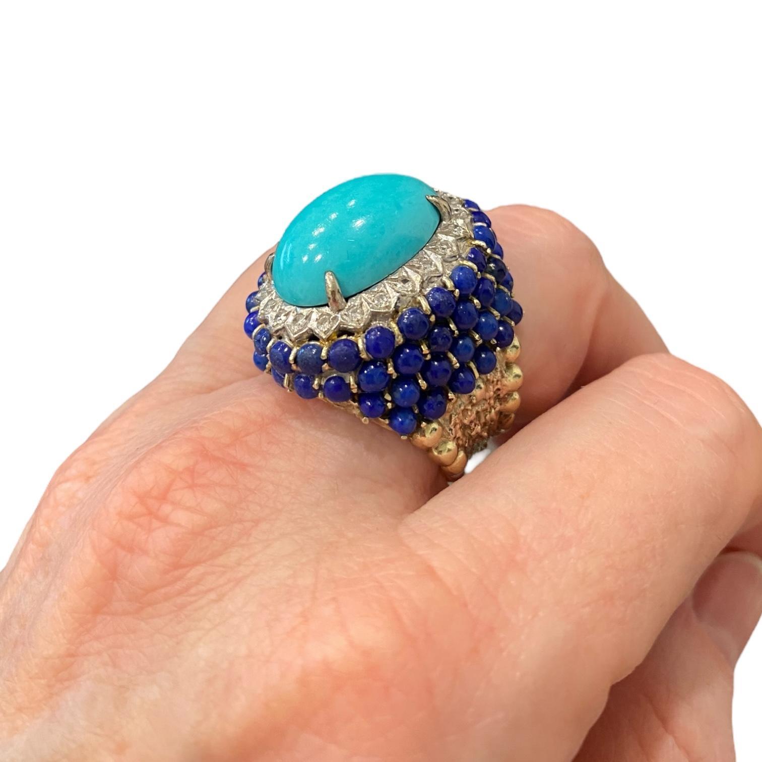 Vintage Large 14K Turquoise Lapis Lazuli & Diamond Ring 1