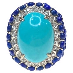 Vintage Large 14K Turquoise Lapis Lazuli & Diamond Ring