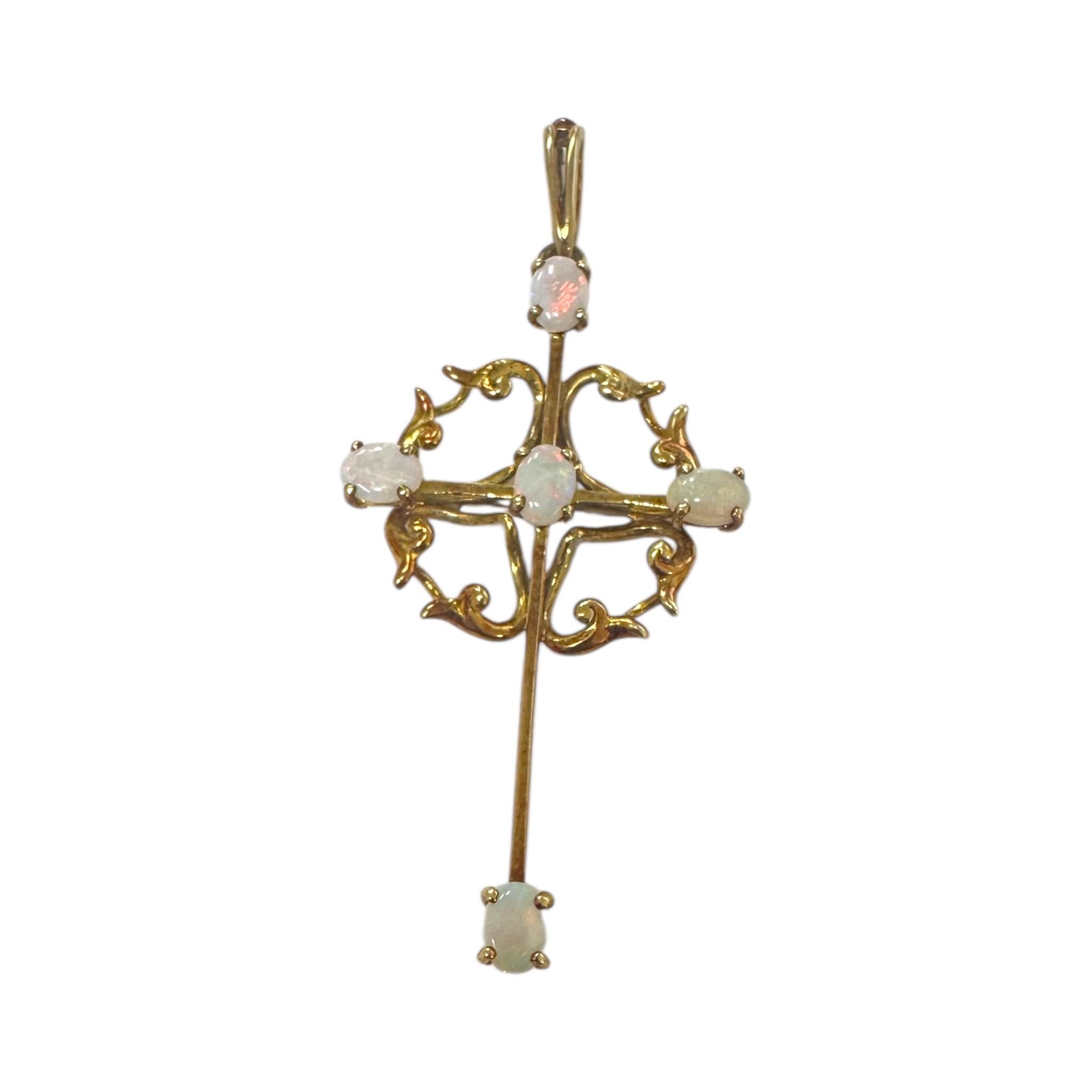 Grand pendentif croix vintage en or jaune 14 carats et opale en vente 1
