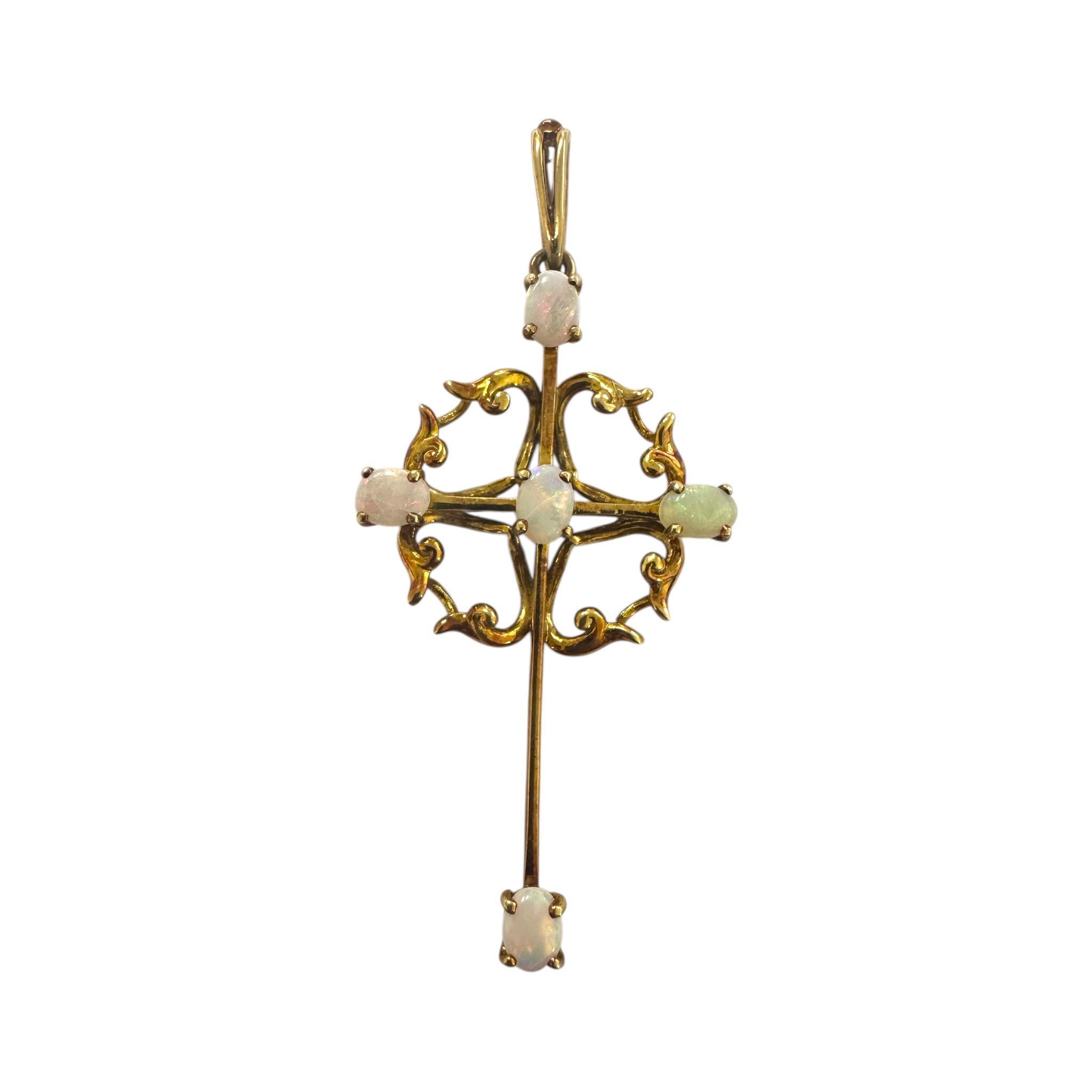 Grand pendentif croix vintage en or jaune 14 carats et opale en vente 2
