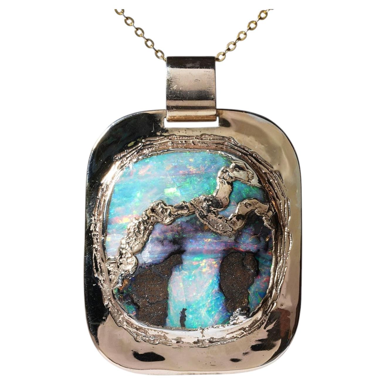 Vintage Large 17ct Australian Boulder Opal Pendant in Gold Over Sterling Silver