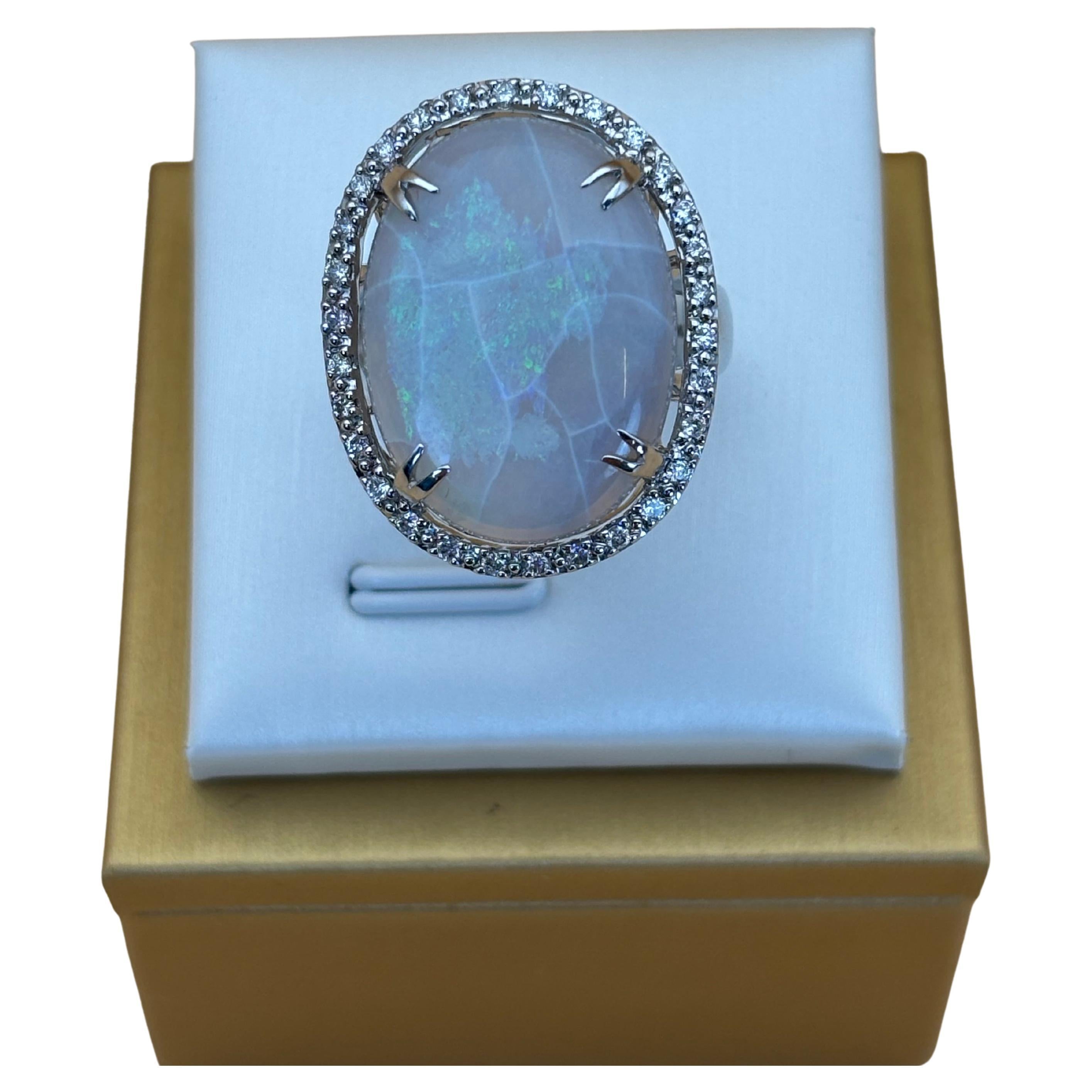 Vintage Large 18 Carat Opal and Diamond Halo Ring in 18K White Gold