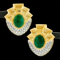 Boucles d'oreilles vintage en or 18k 11.3ct GIA Cabochon Oval Emerald Diamond Clip on Earrings