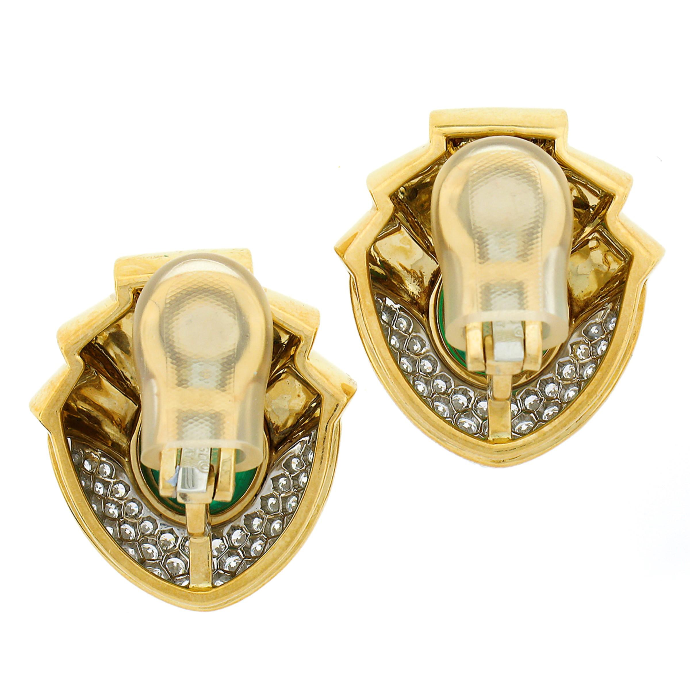 Vintage Large 18k Gold 11.3ct GIA Oval Cabochon Emerald Diamond Clip on Earrings In Good Condition For Sale In Montclair, NJ