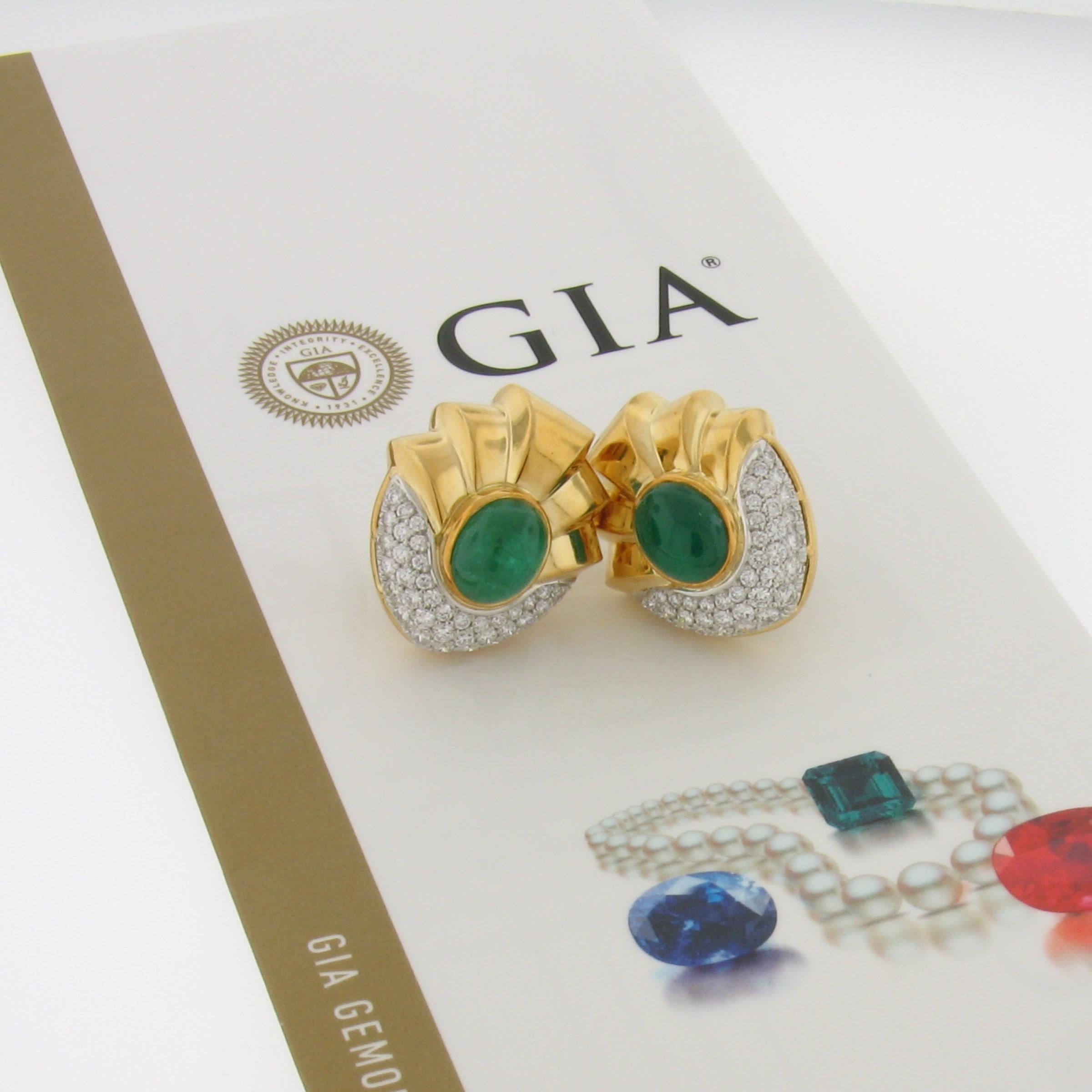 Vintage Large 18k Gold 11.3ct GIA Oval Cabochon Emerald Diamond Clip on Earrings For Sale 2
