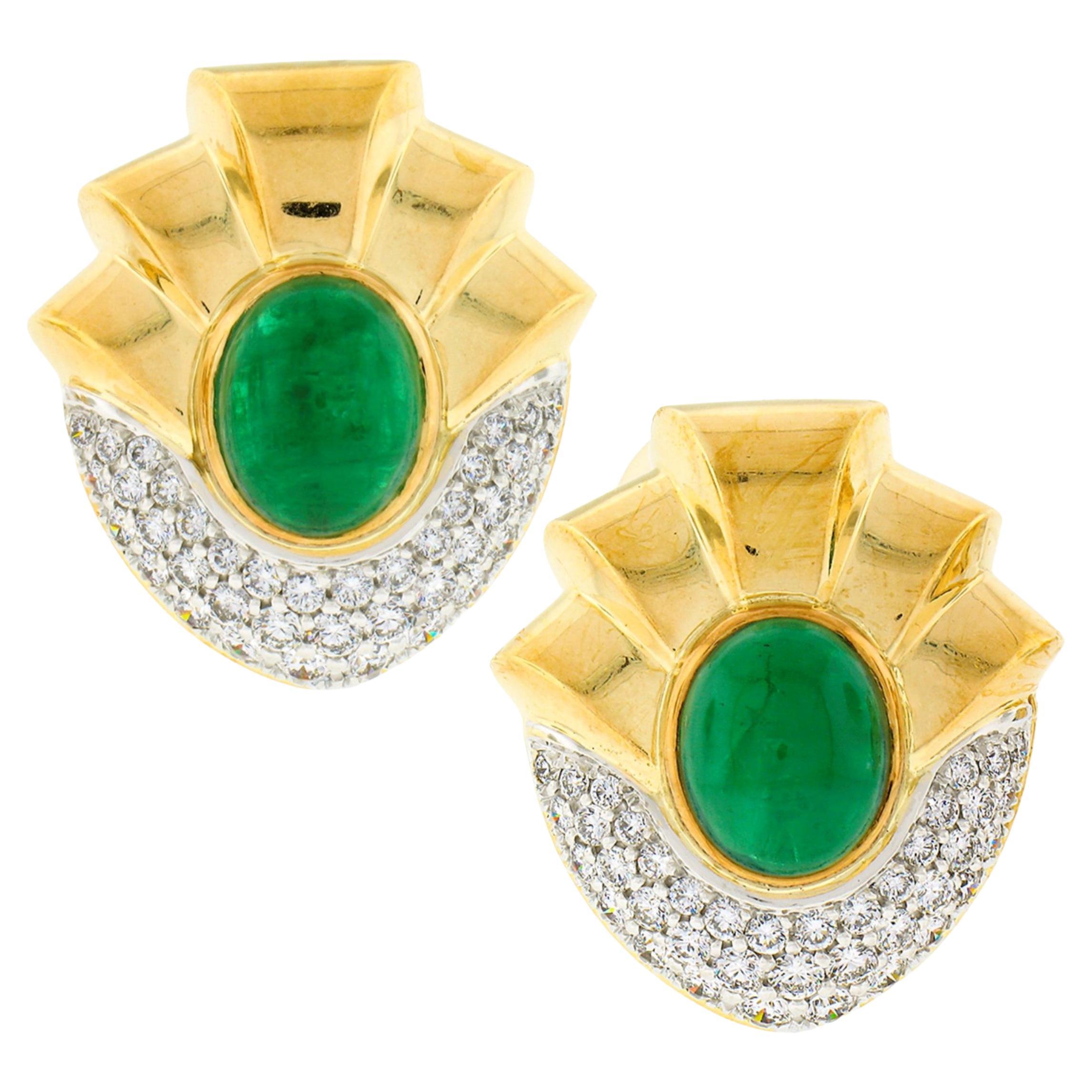 Vintage Large 18k Gold 11.3ct GIA Oval Cabochon Emerald Diamond Clip on Earrings