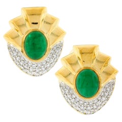 Retro Large 18k Gold 11.3ct GIA Oval Cabochon Emerald Diamond Clip on Earrings