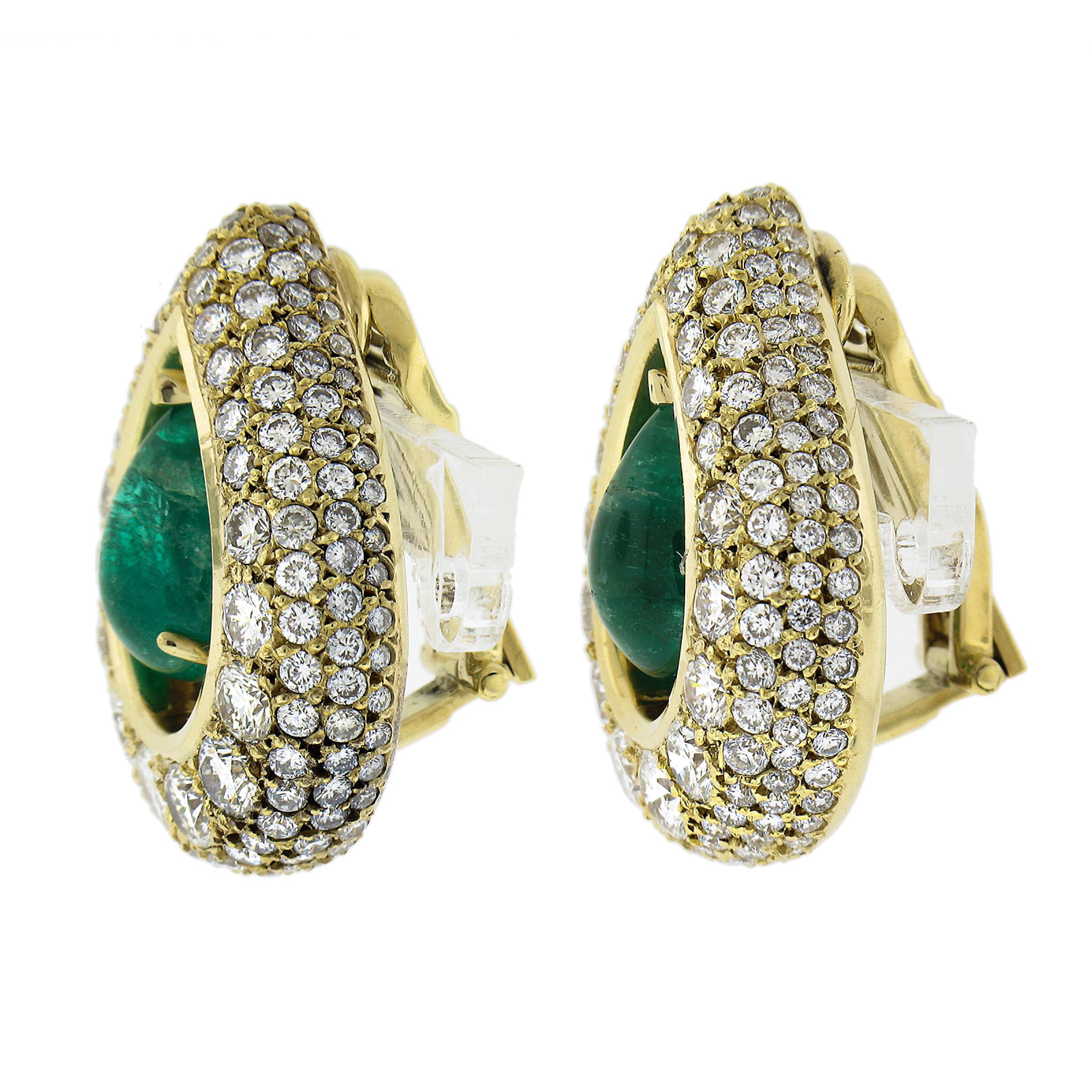 Pear Cut Vintage Large 18k Gold 15.0ctw GIA Pear Cabochon Emerald & Diamond Earrings