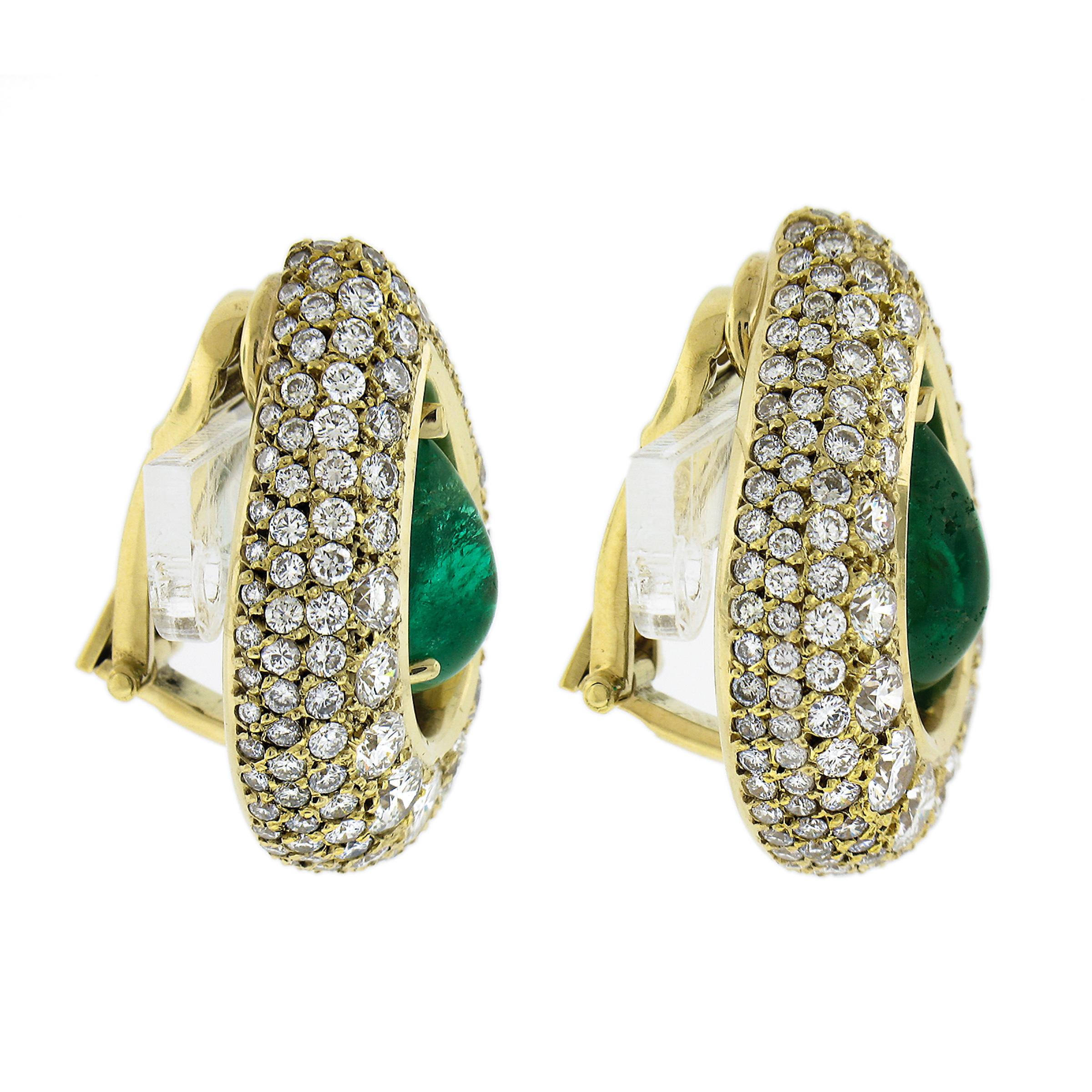 Vintage Large 18k Gold 15.0ctw GIA Pear Cabochon Emerald & Diamond Earrings In Excellent Condition In Montclair, NJ