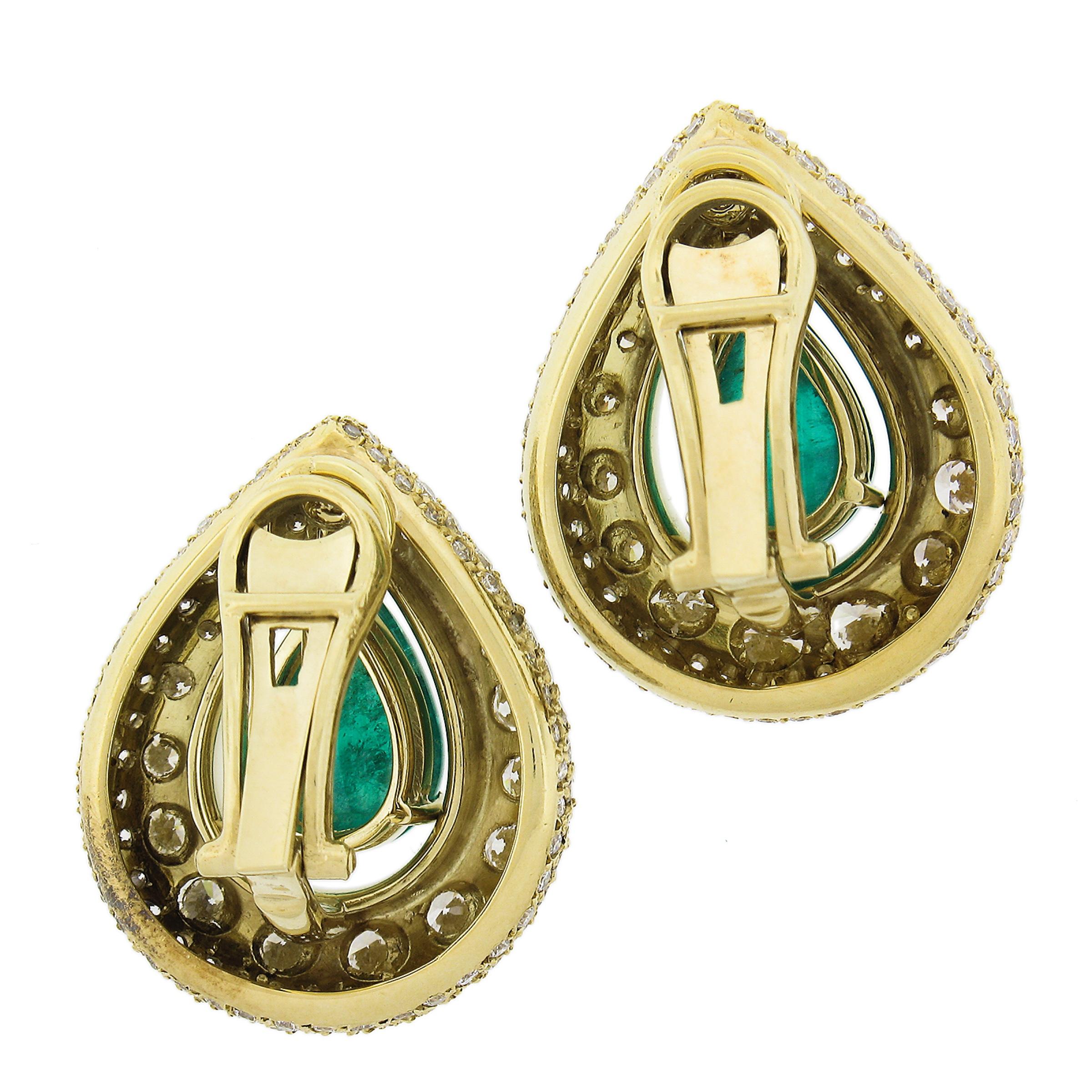 Women's Vintage Large 18k Gold 15.0ctw GIA Pear Cabochon Emerald & Diamond Earrings