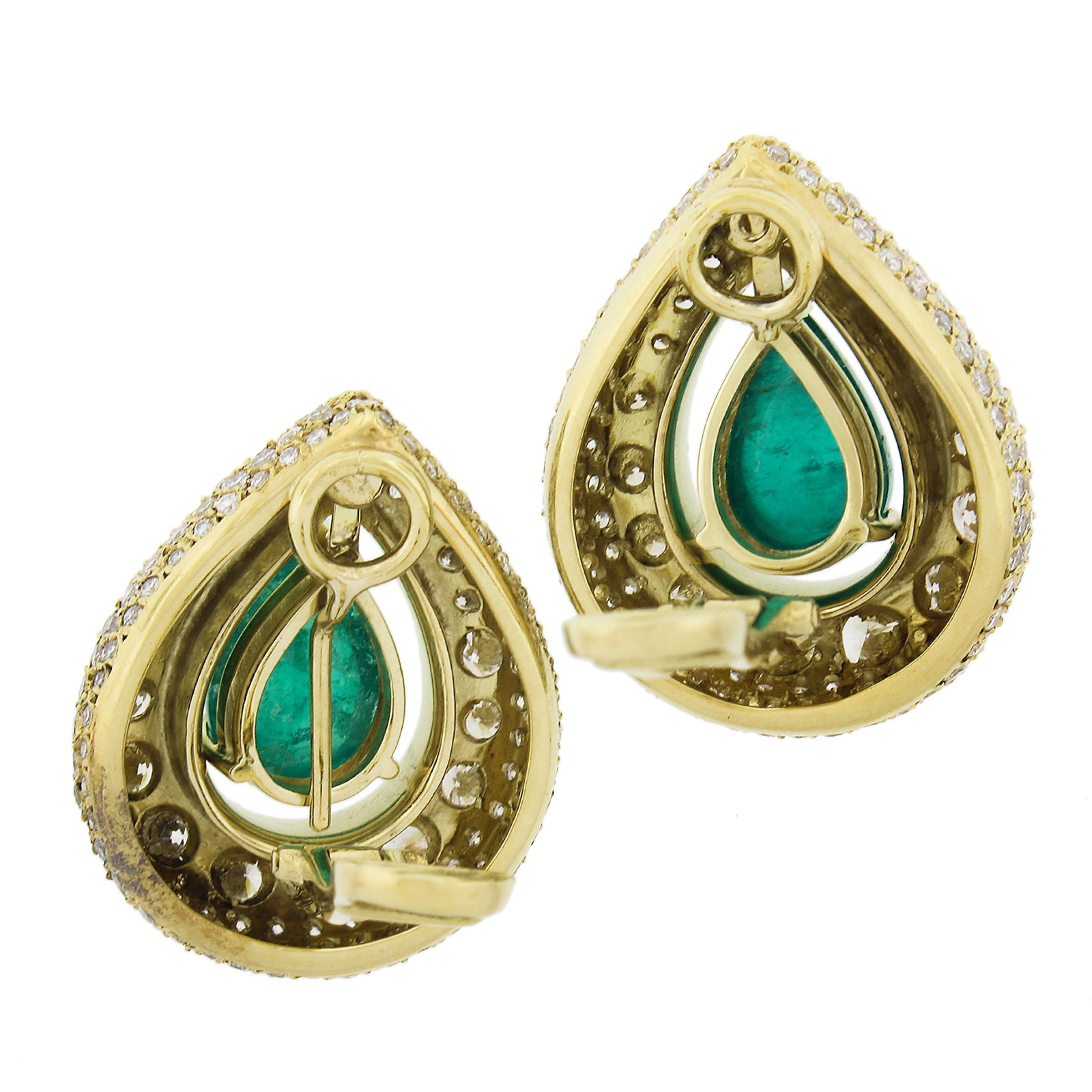 Vintage Large 18k Gold 15.0ctw GIA Pear Cabochon Emerald & Diamond Earrings 1