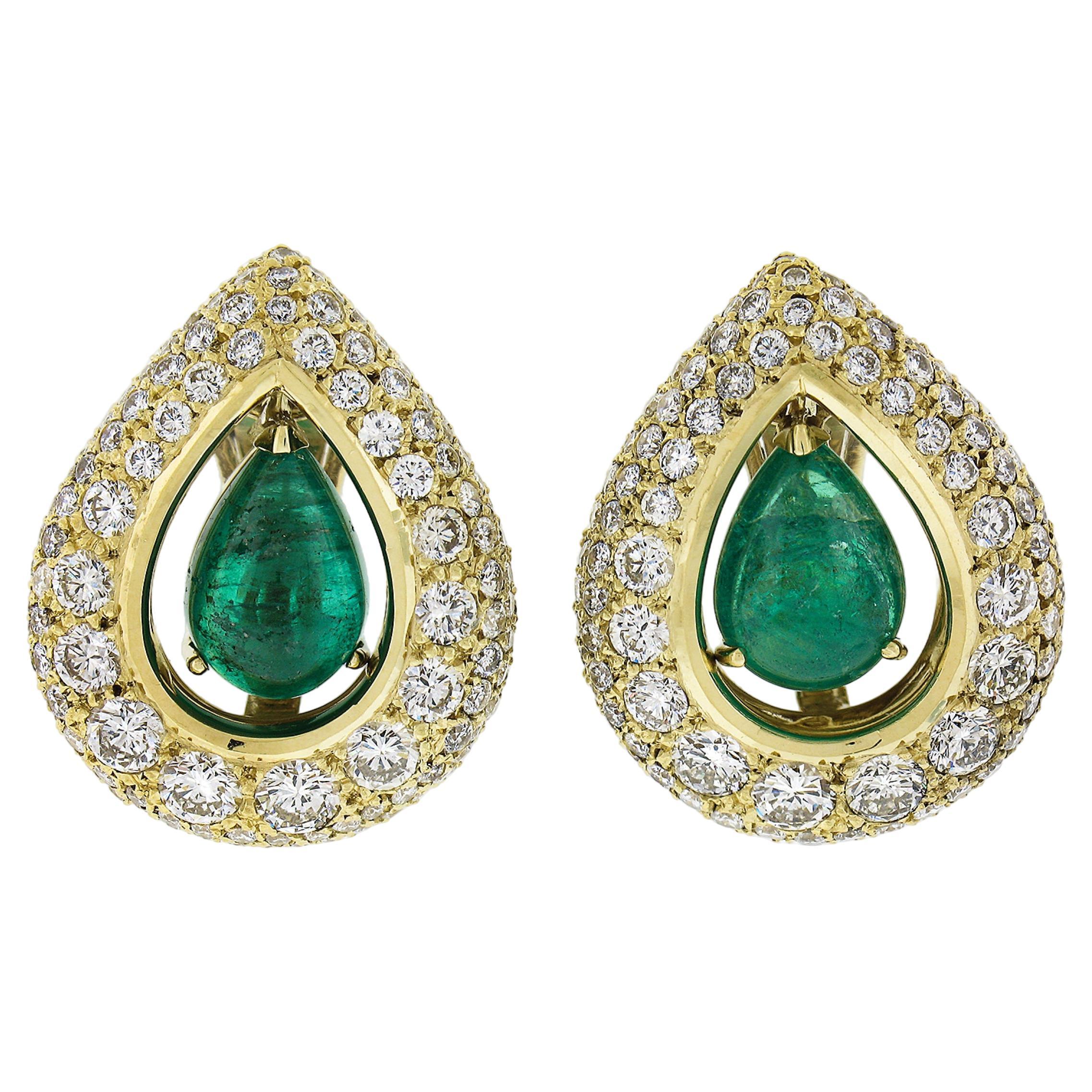 Vintage Large 18k Gold 15.0ctw GIA Pear Cabochon Emerald & Diamond Earrings