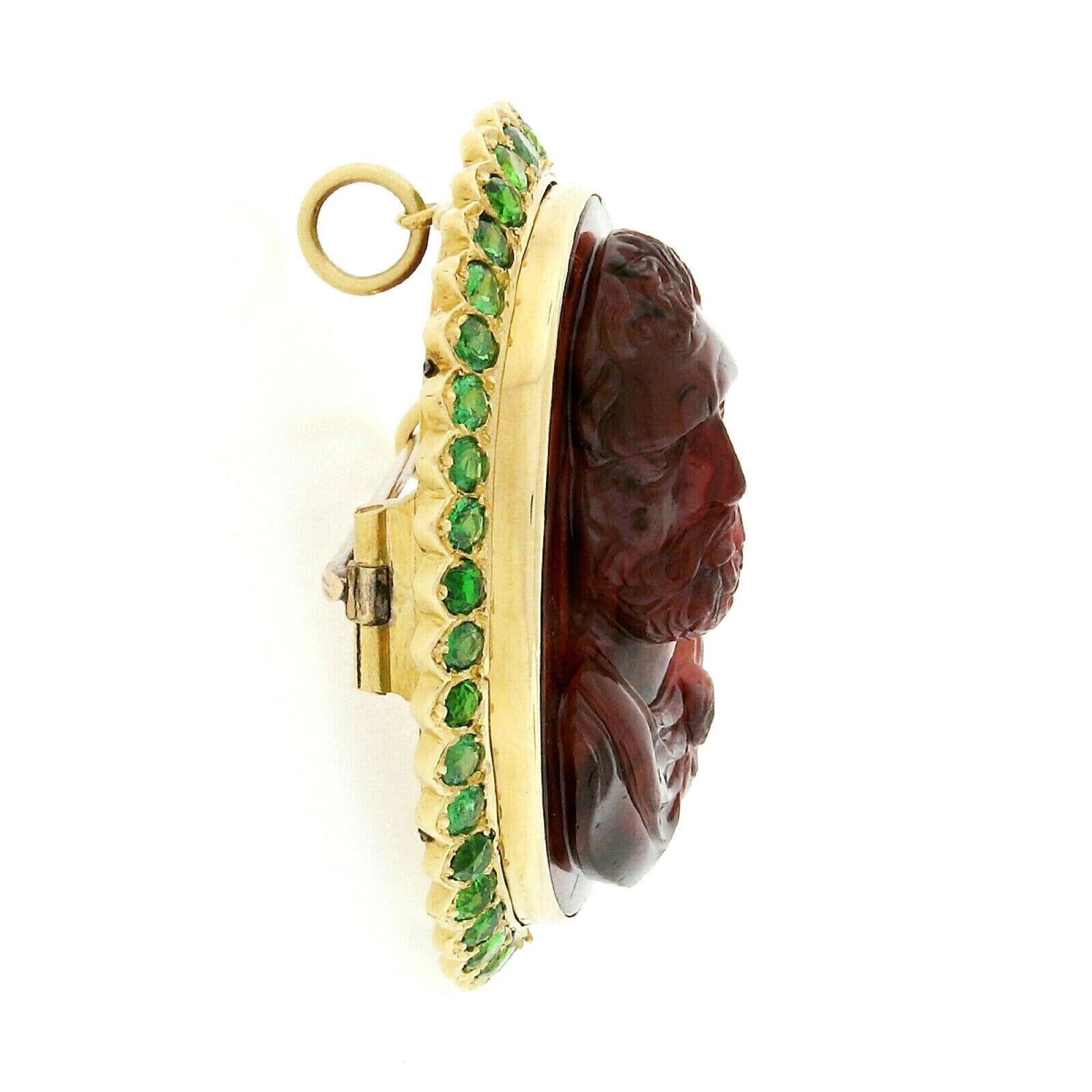 Large 18 Karat Gold Carved Agate Male Cameo Brooch Pendant with Tsavorite Halo In Good Condition In Montclair, NJ