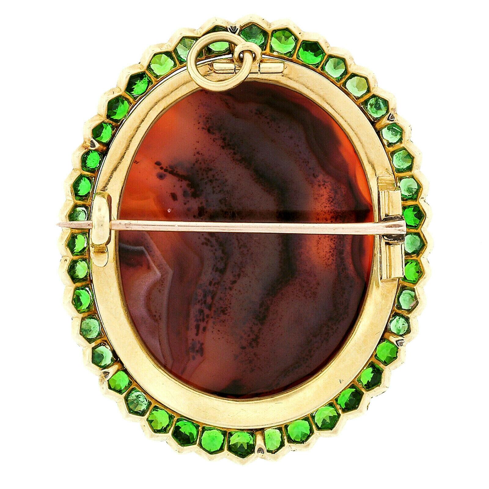 Women's or Men's Large 18 Karat Gold Carved Agate Male Cameo Brooch Pendant with Tsavorite Halo