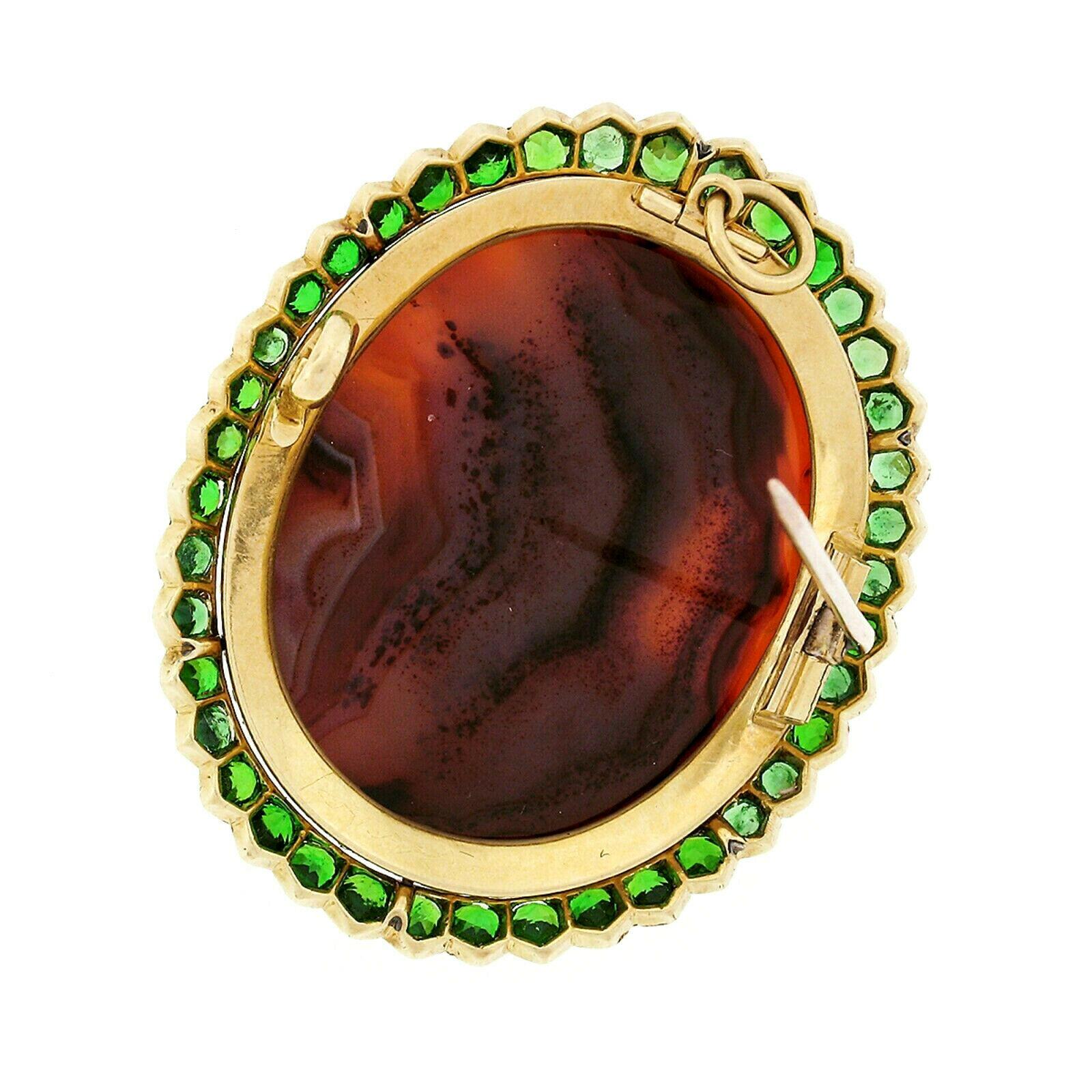 Large 18 Karat Gold Carved Agate Male Cameo Brooch Pendant with Tsavorite Halo 1