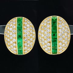 Vintage Large 18k Gold Channel Square Emerald Pave Diamond Oval 7.20ctw Earrings