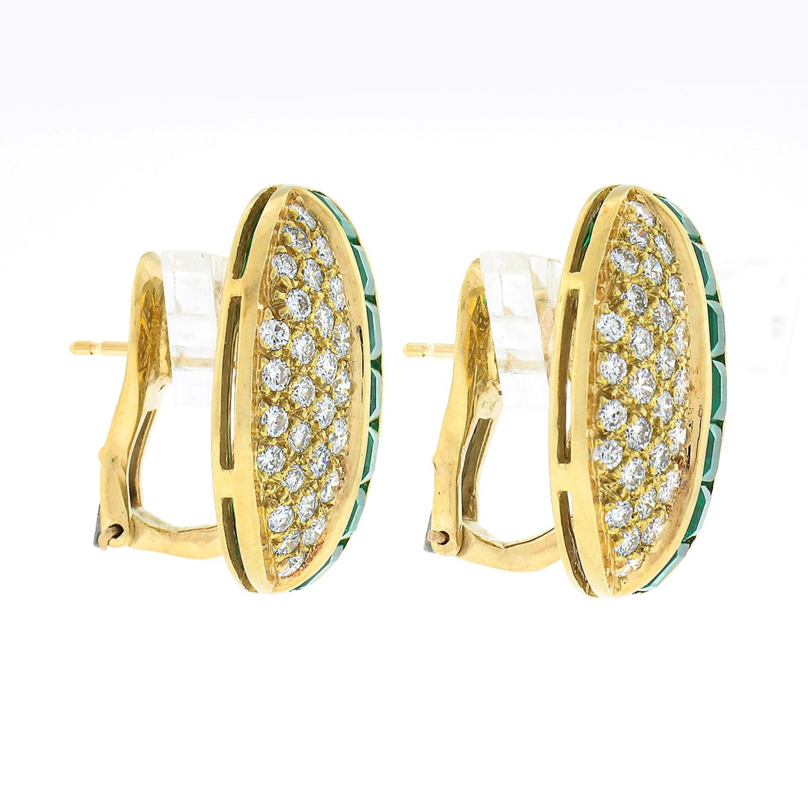 Square Cut Vintage Large 18k Gold Channel Square Emerald Pave Diamond Oval 7.20ctw Earrings
