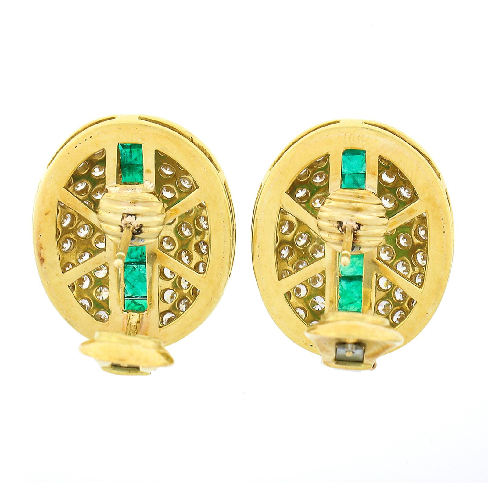 Vintage Large 18k Gold Channel Square Emerald Pave Diamond Oval 7.20ctw Earrings In Good Condition In Montclair, NJ