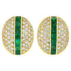 Vintage Large 18k Gold Channel Square Emerald Pave Diamond Oval 7.20ctw Earrings