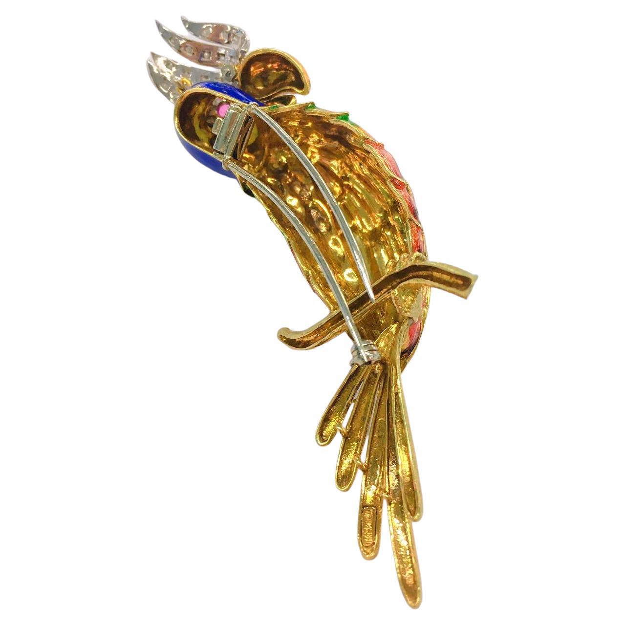 Women's Vintage 1940s Enamel and Diamond Parrot Bird Gold Brooch For Sale