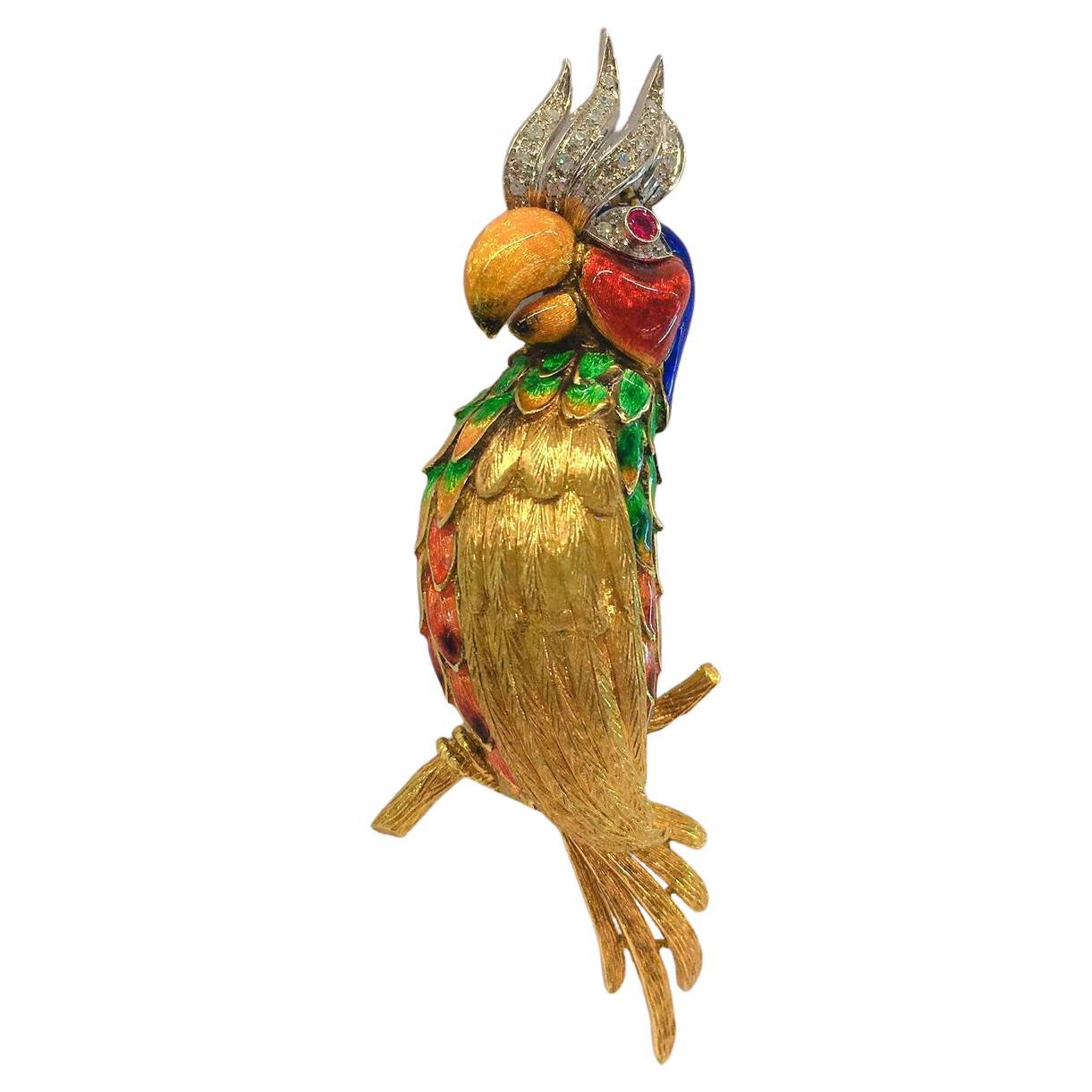 Vintage 1940s Enamel and Diamond Parrot Bird Gold Brooch For Sale