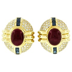 Vintage Large 18k Gold GIA 16.8ctw Oval Ruby Diamond 
Sapphire Clip-On Earrings